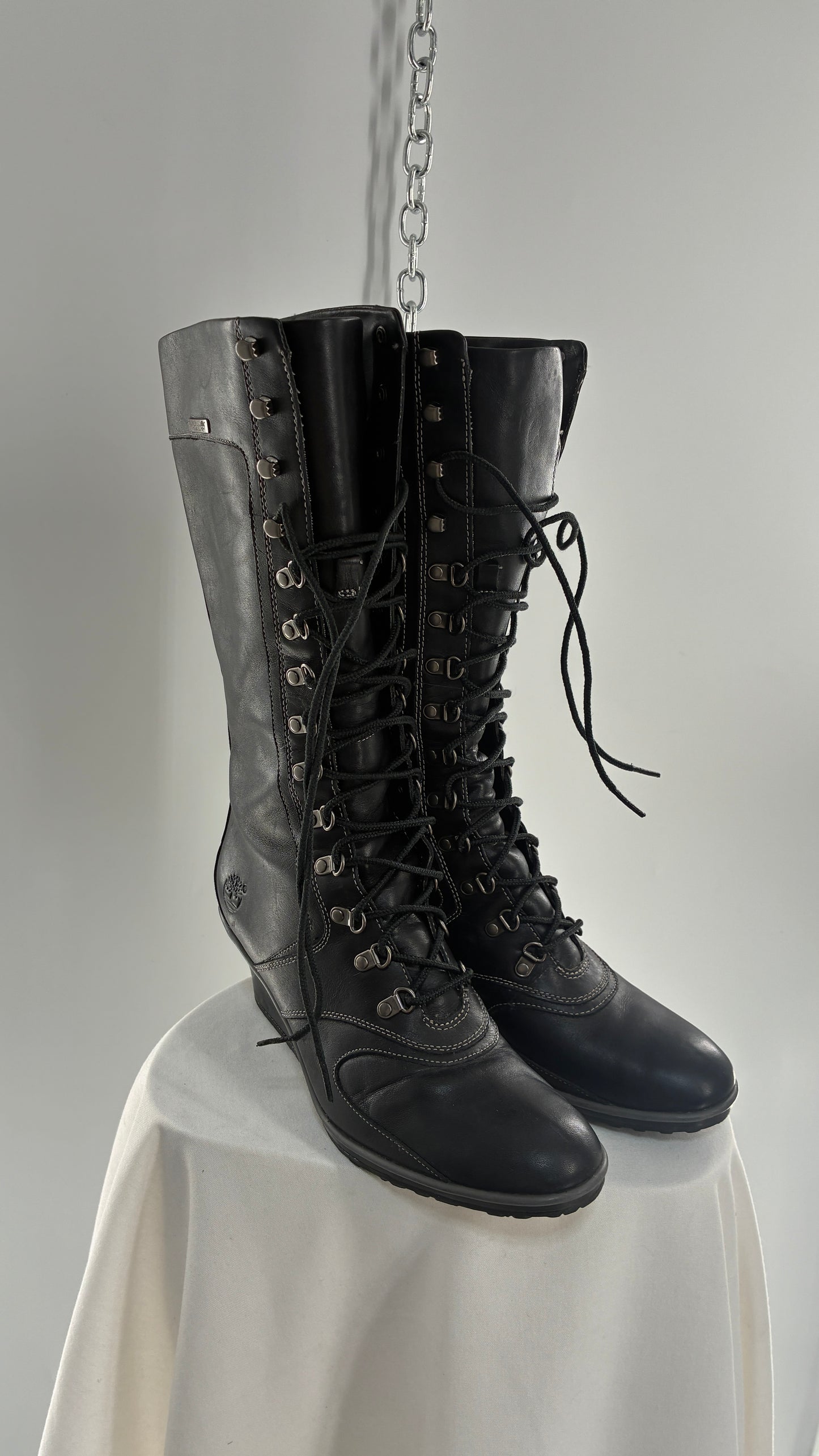 Vintage TIMBERLAND Black Genuine Leather Wedge Boots (10)