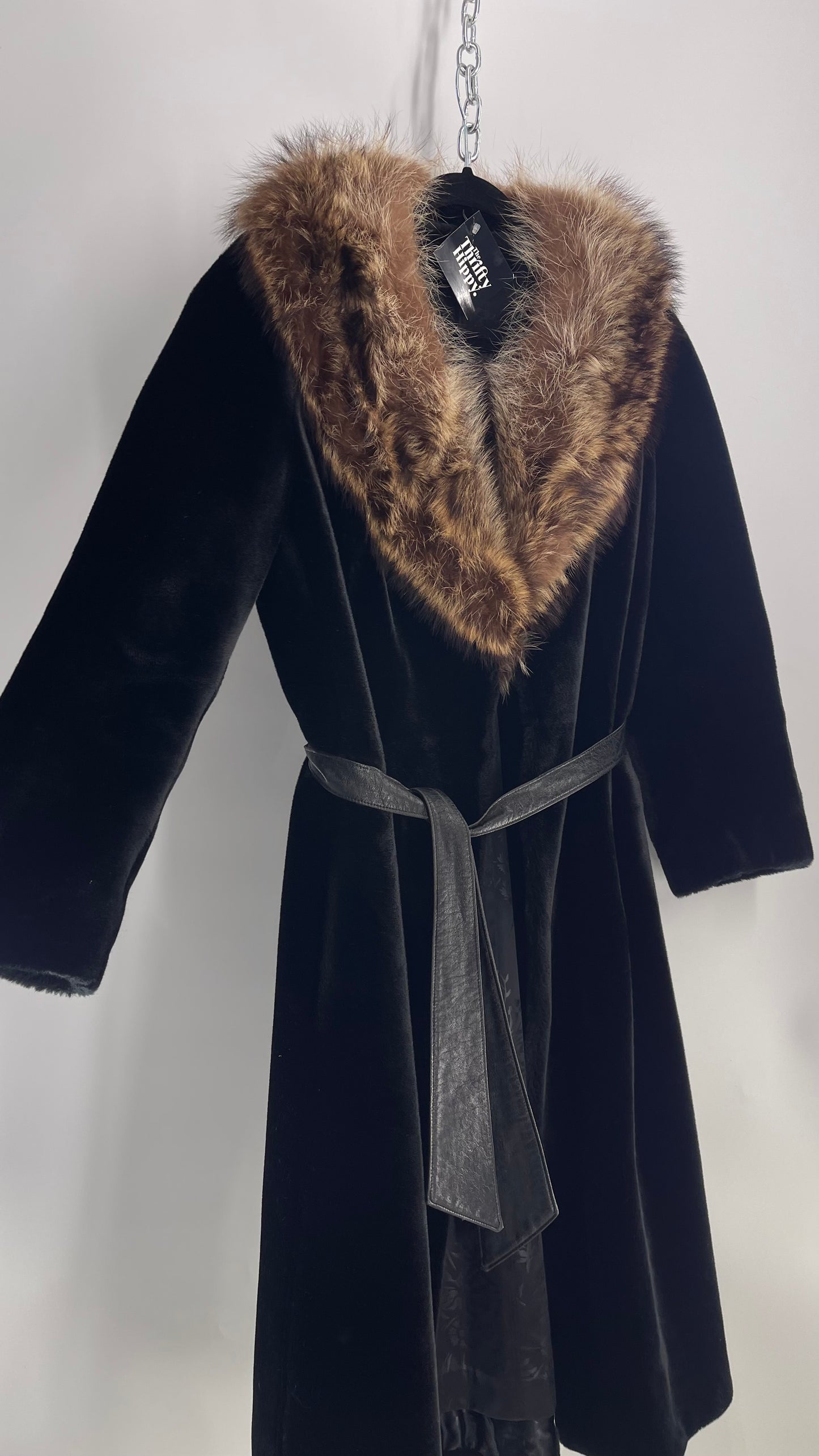 Vintage 1960s Borgazia Thick Faux Fur Black Coat with Mink Collar (Small)