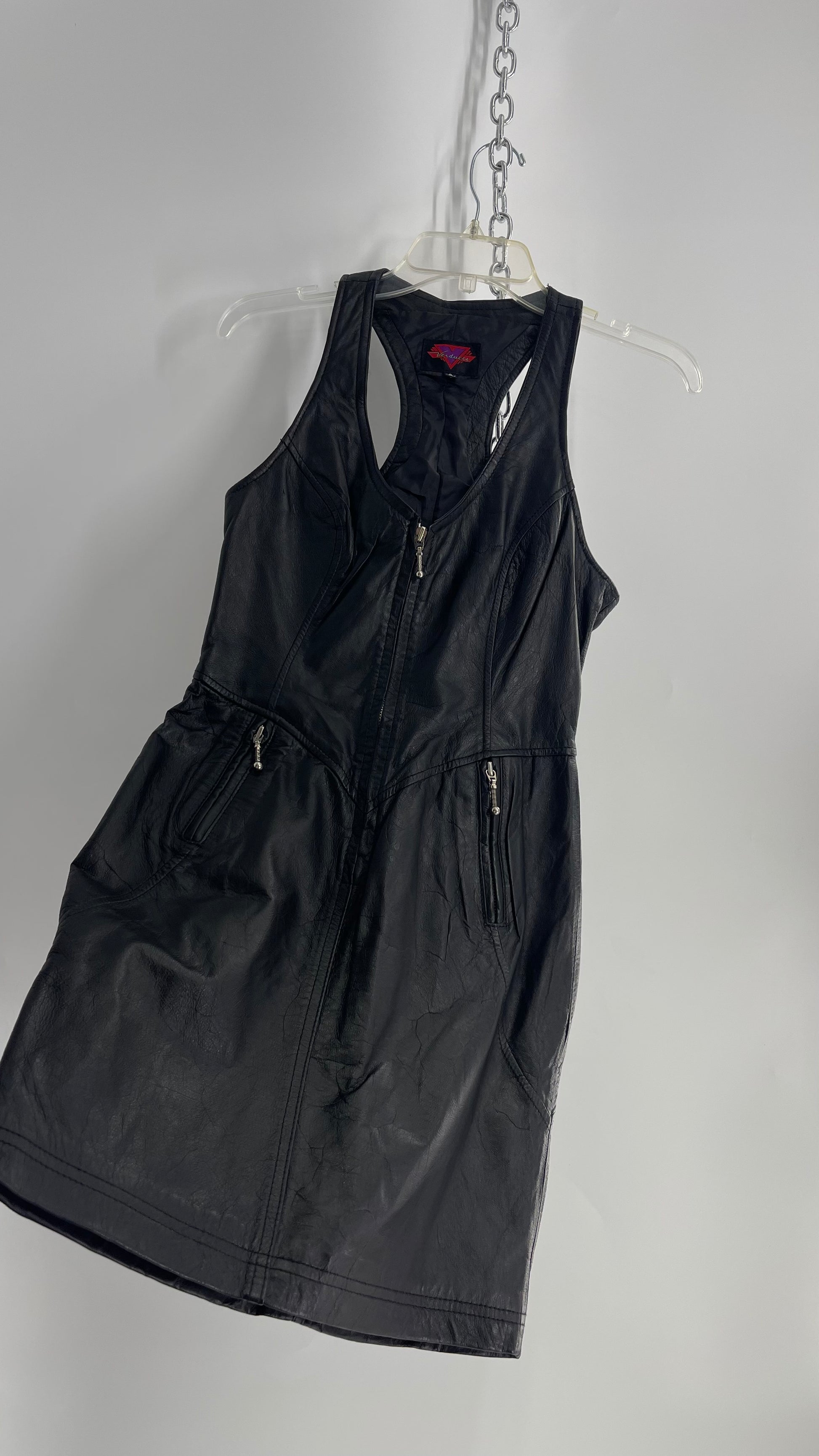 Vintage 1980s VERDUCCI Black Leather Zip Front Mini Dress (Small) The Thrifty Hippy Vintage 1980s VERDUCCI Black Leather Zip Front Mini Dress (Small) The Thrifty Hippy