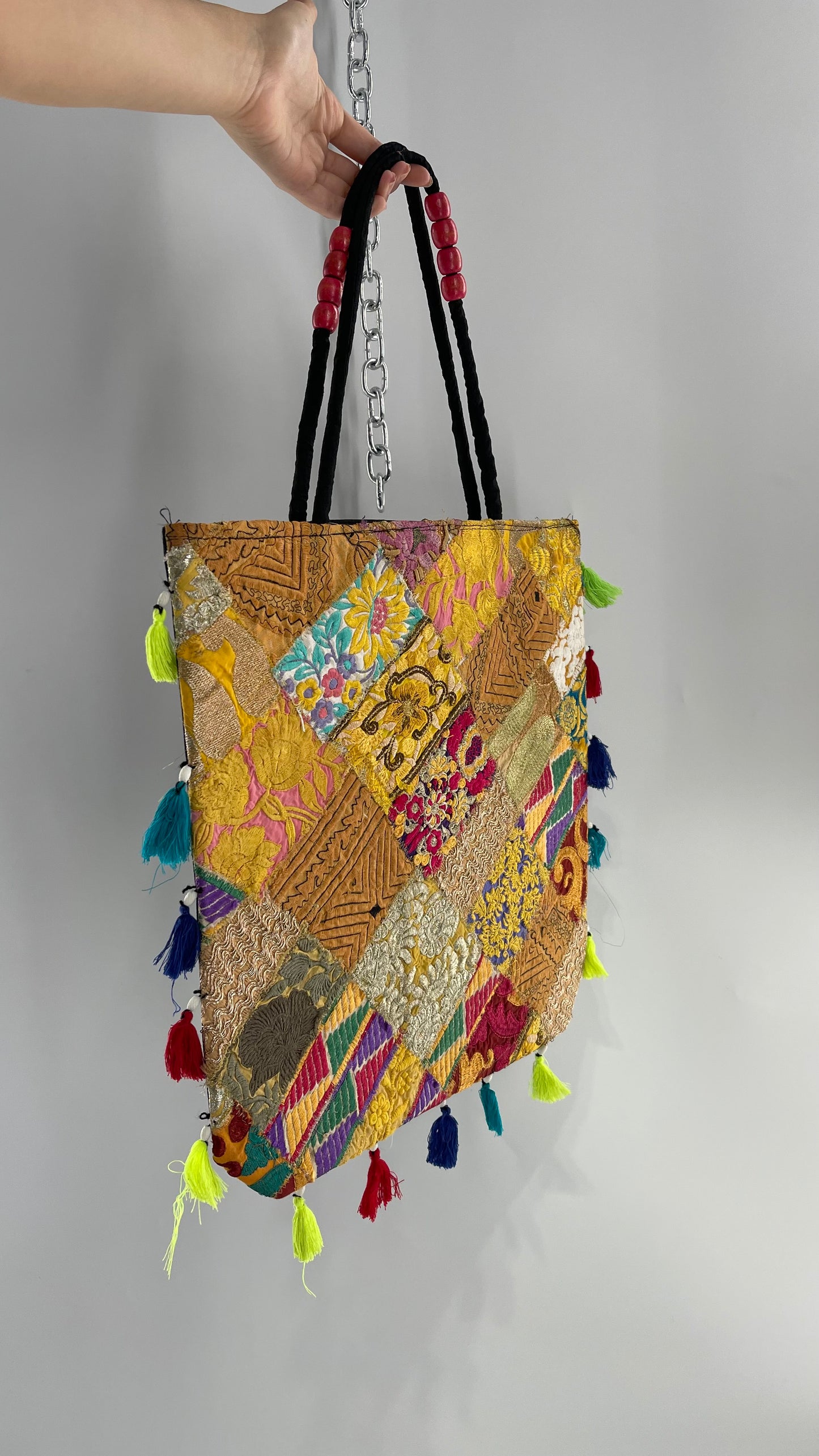 Imported Golden Yellow Patchwork Tote from Brazil with Tassel Detailing
