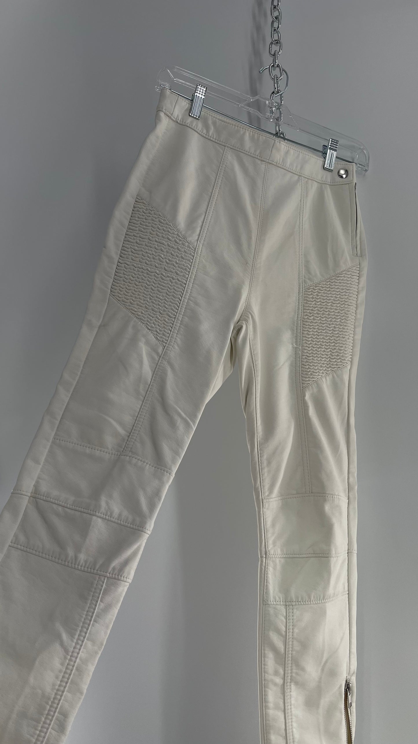 Free People Off White Vegan Leather Zipper Ankle, Pleated Panels Moto Pant (2)