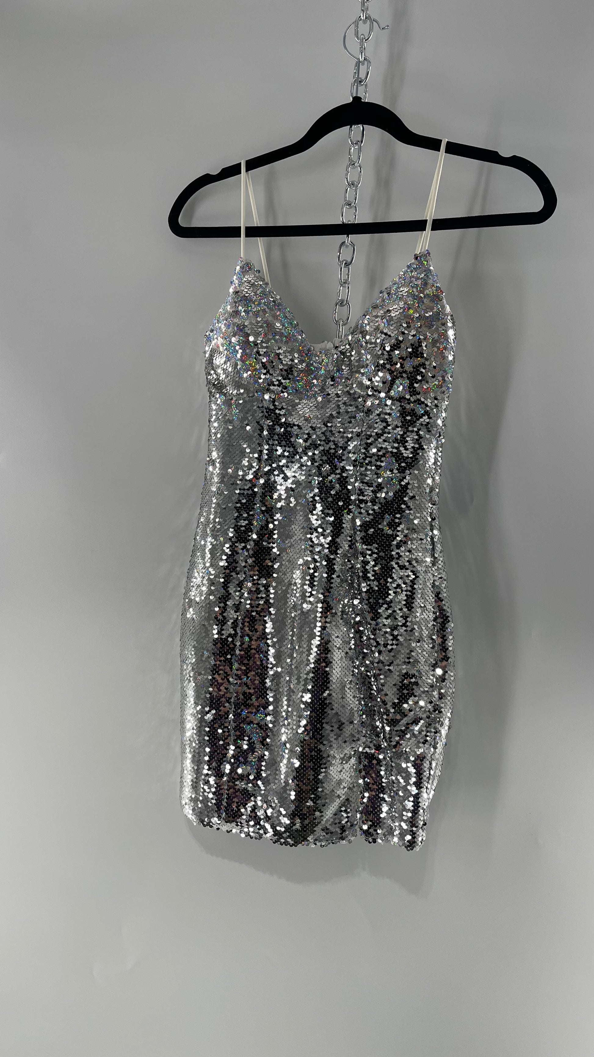 Princess Polly Silver Iridescent Sequin Mini Dress with Triangle Cups The Thrifty Hippy Princess Polly Silver Iridescent Sequin Mini Dress with Triangle Cups The Thrifty Hippy