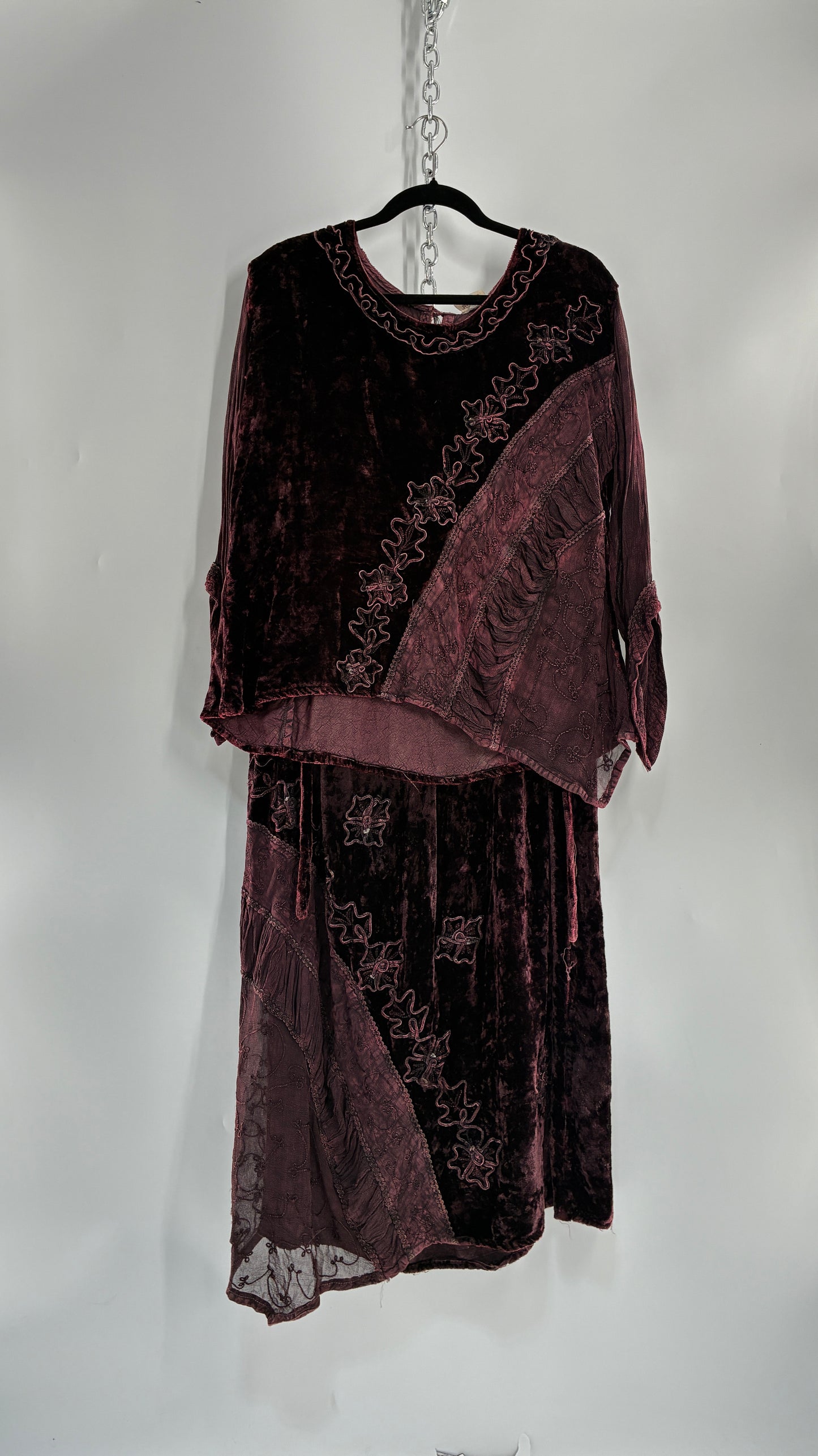 Vintage 1990s Burgundy Velvet Tie Back Blouse and Sheer Paneled Skirt (OS)