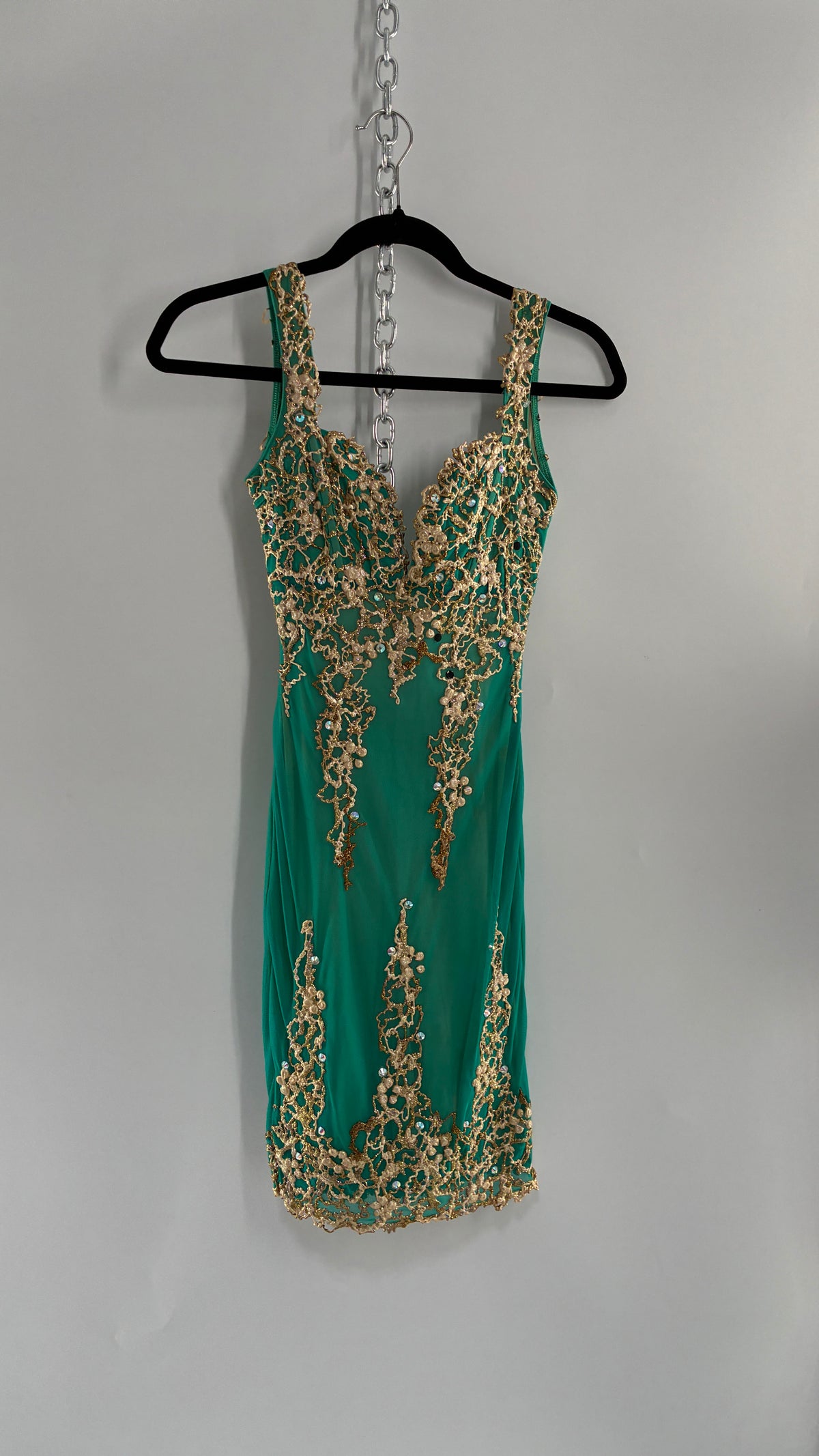 Vintage HOLT Hand Painted Turquoise Mini Dress with Low Open Back (XXS/XS)