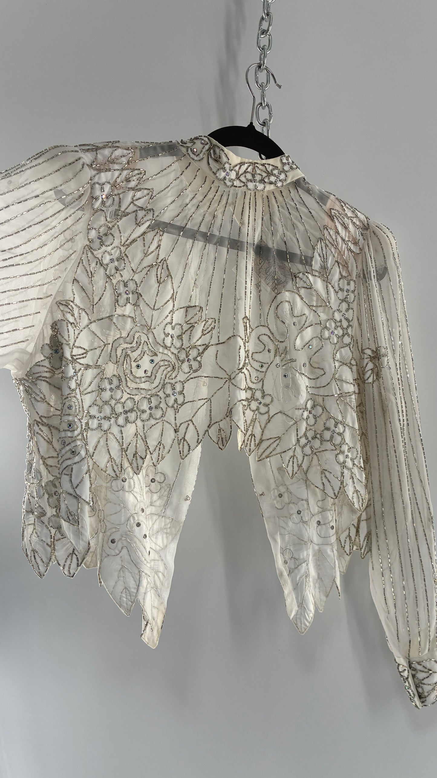 Vintage Sheer White Bridal Beaded Open Back Floral Blouse with High Neck (Medium)