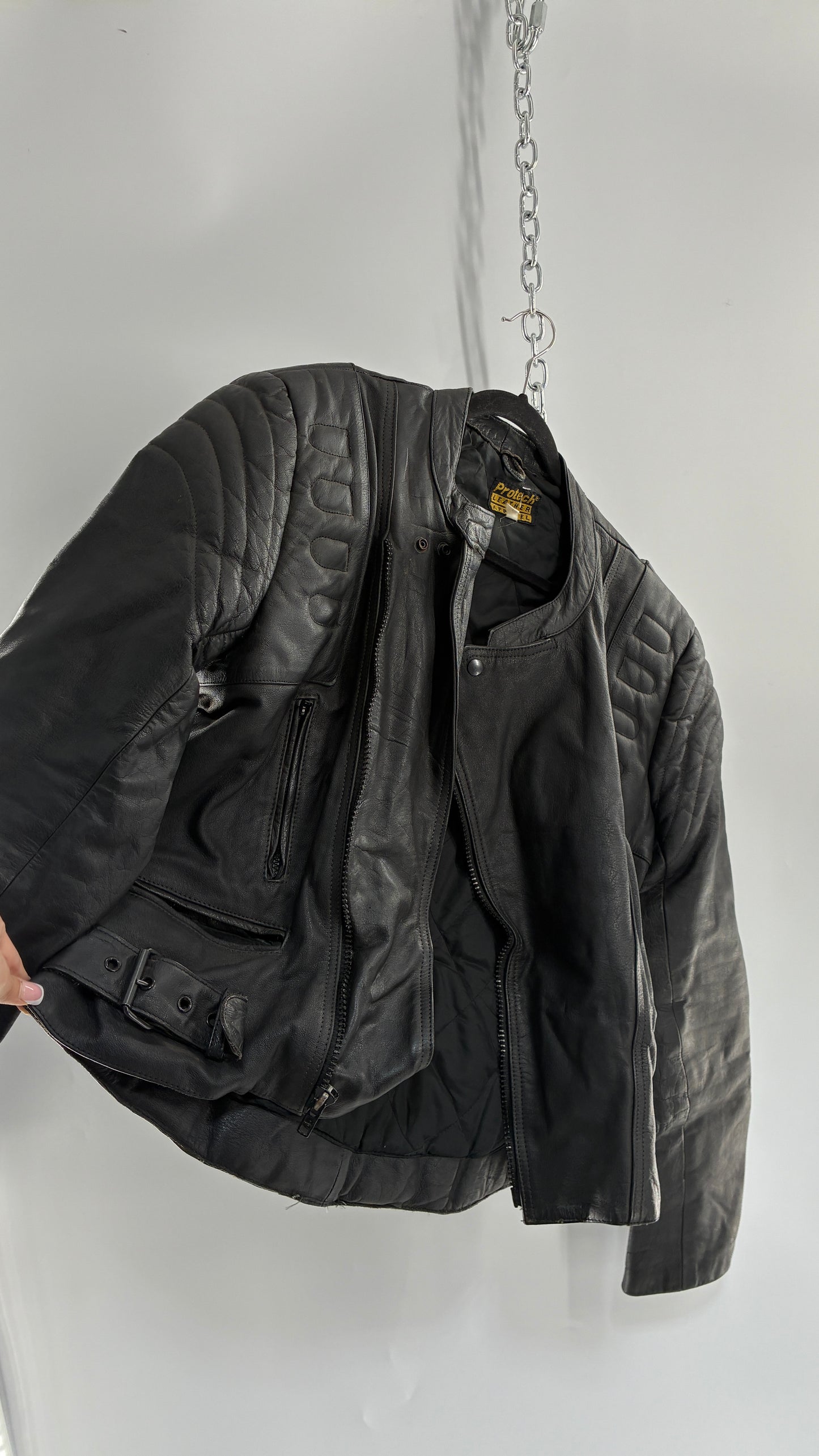 Vintage PROTECH Black Leather Motorcycle Jacket (46)