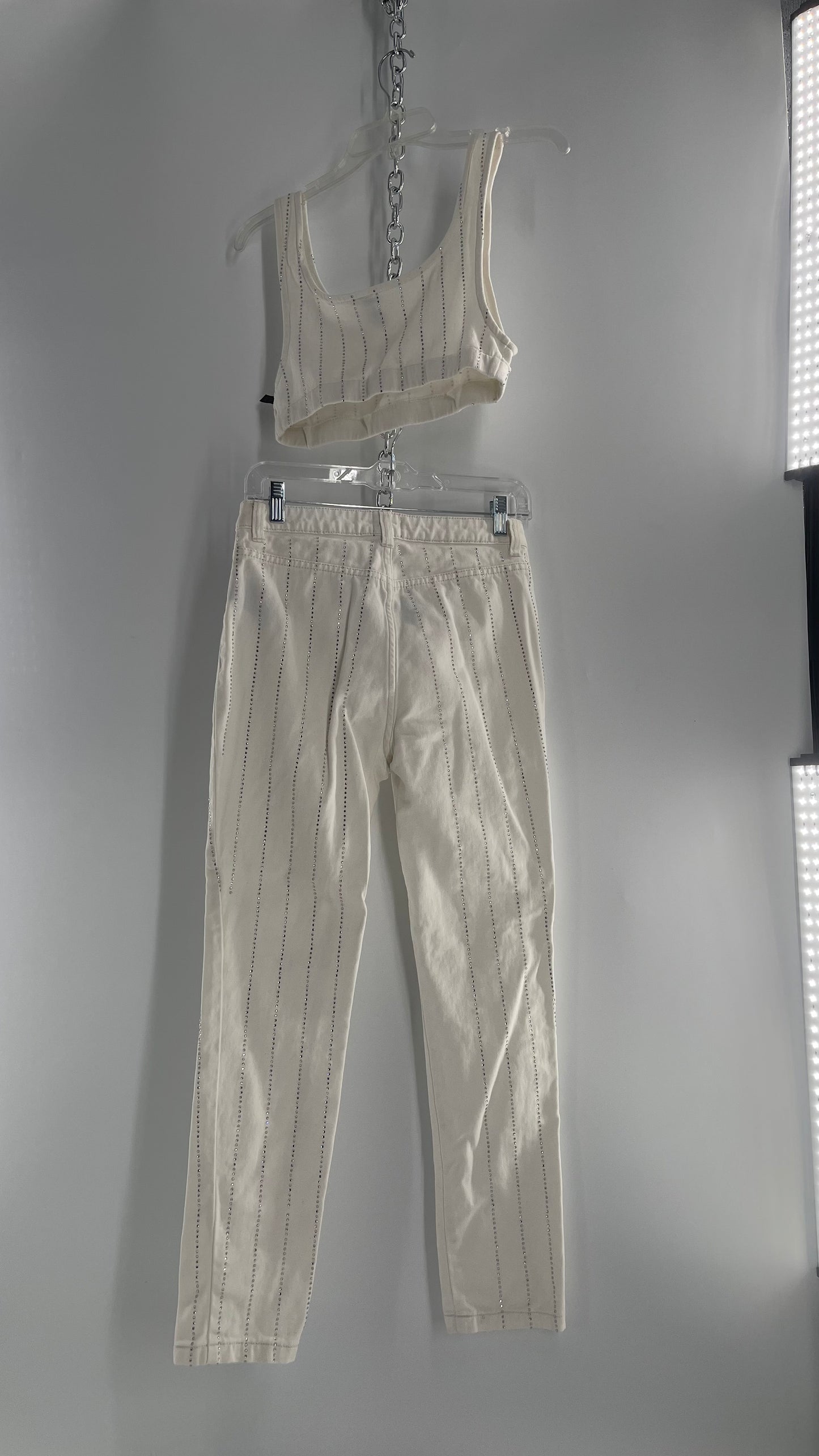 BDG White Jeans (S) With Rhinestones and Sleeveless Cropped White Top With Rhinestones Set (S)