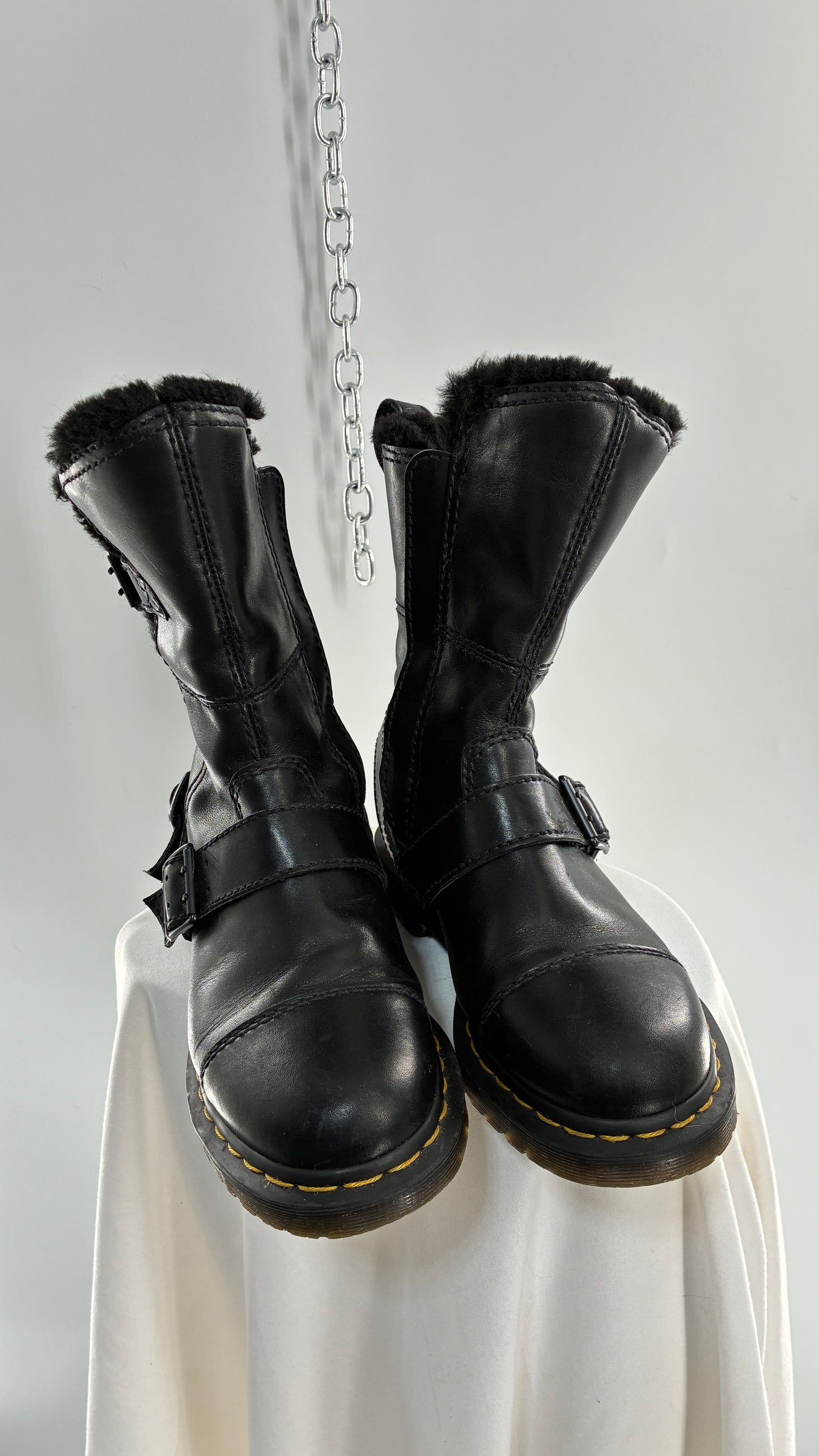 RARE Vintage Dr. Marten Kristy Mid Calf Faux Fur Black Leather Boots (8L)