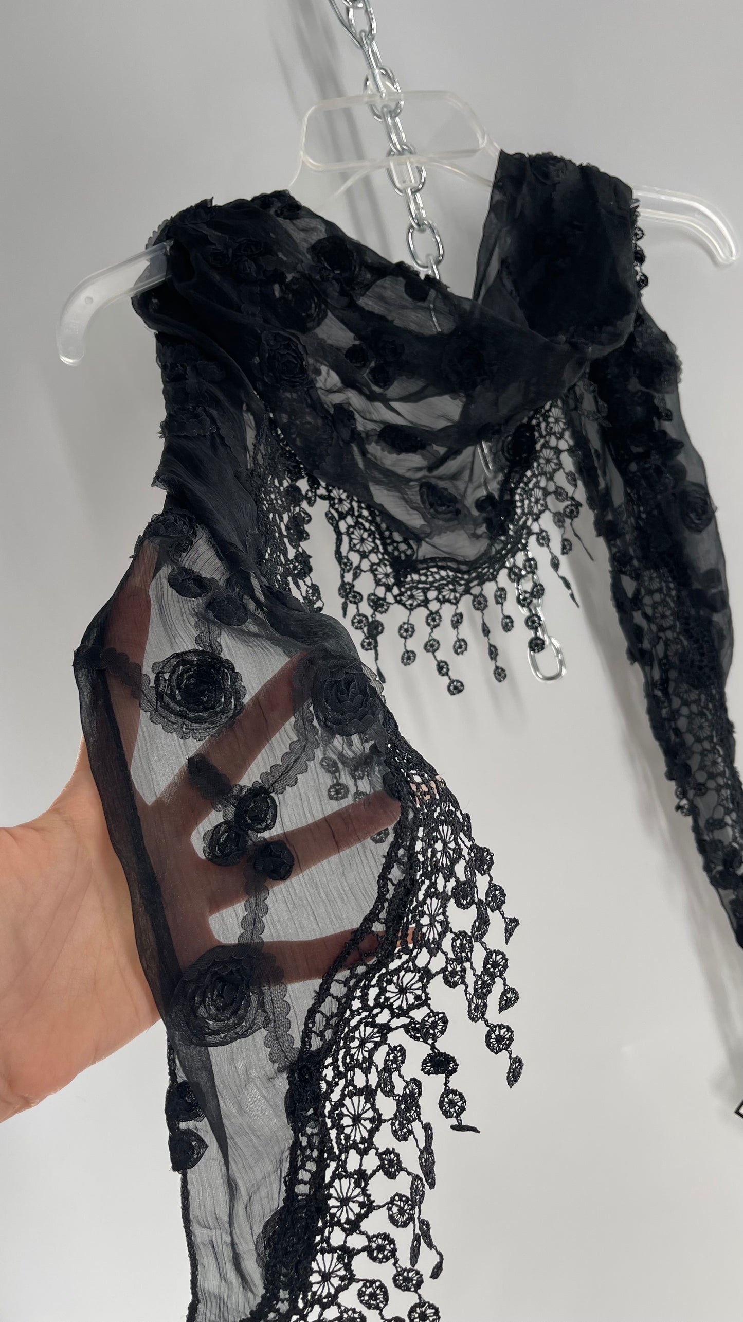 Vintage Black Scarf Covered in Tulle Rosettes and Lace Trim