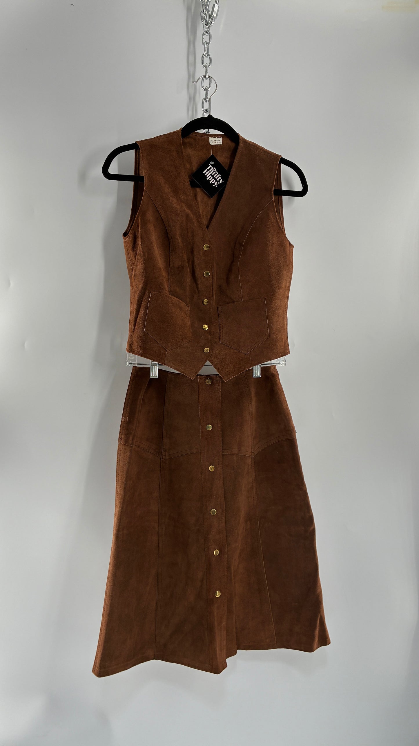 Vintage 1970s Genuine Suede Brown Leather Button Front Skirt and Vest Made in Mexico (XS/S)