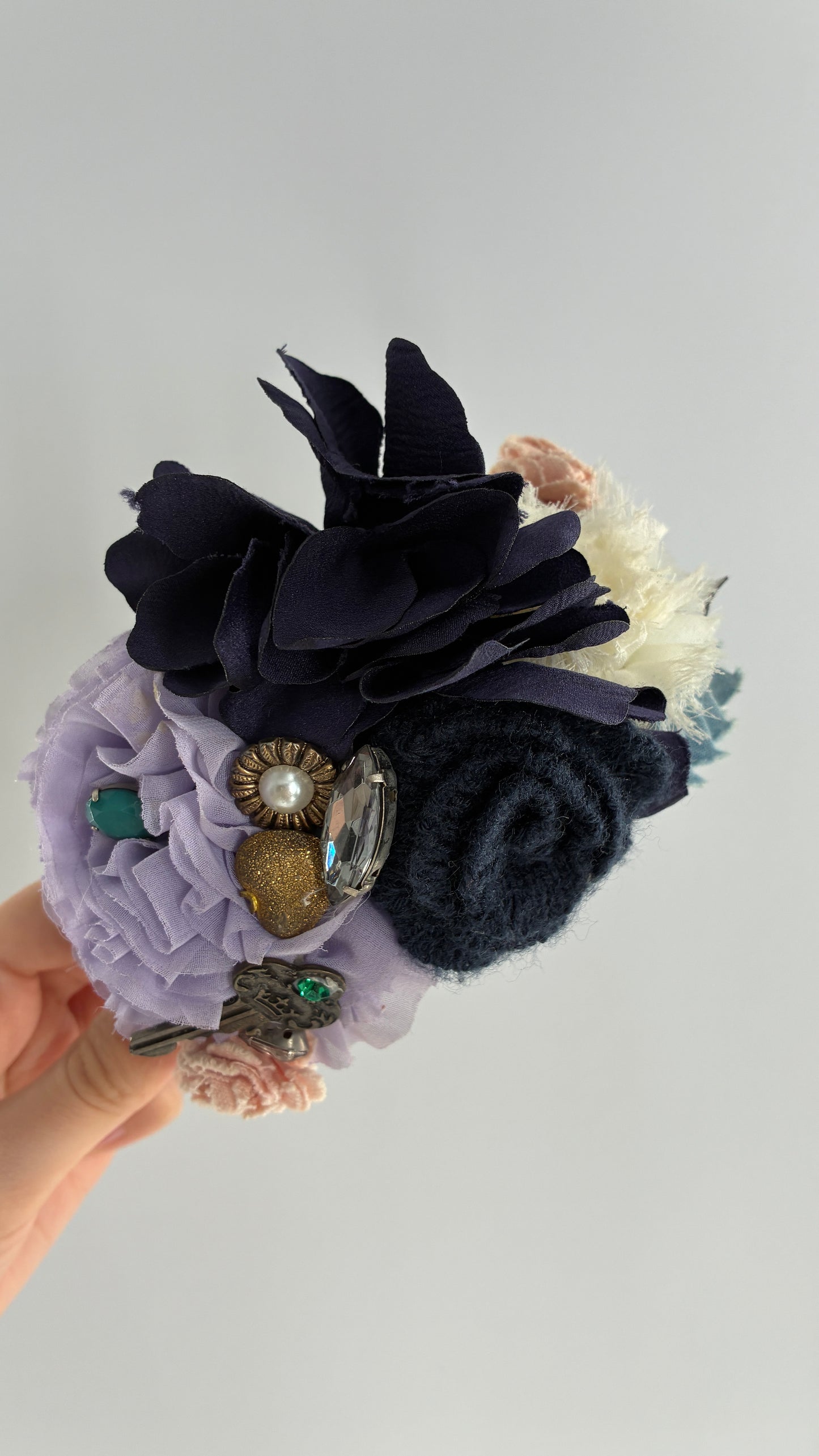 Vintage FARMER Handmade Lilac Headband with Purple Ribbon,  Pleated, Floral, and Gemstone Appliqués