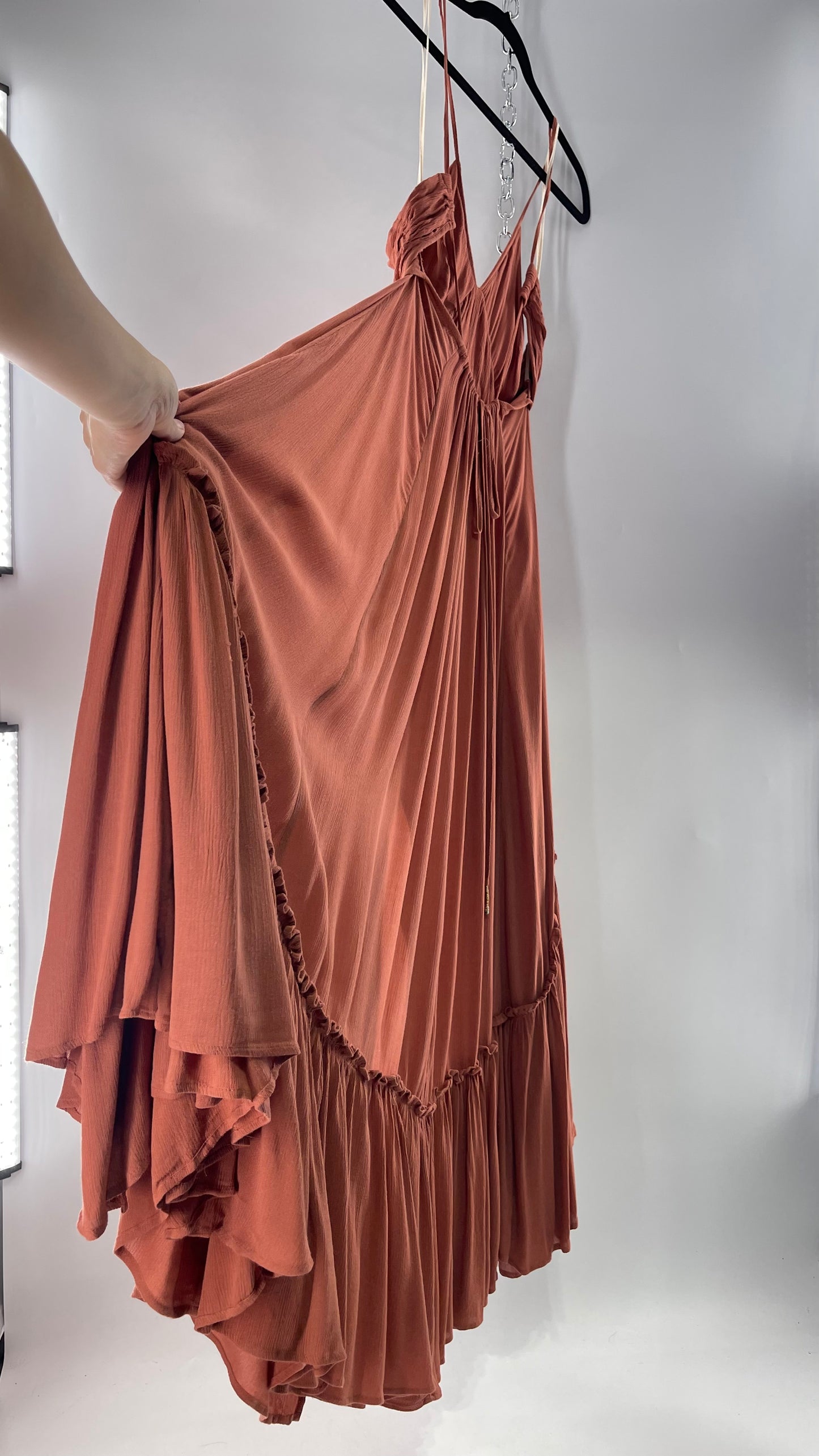 Free People Terracotta/Apricot Toned Voluminous Gown with Open Cut Out Sides and Low, Open Back (Large)