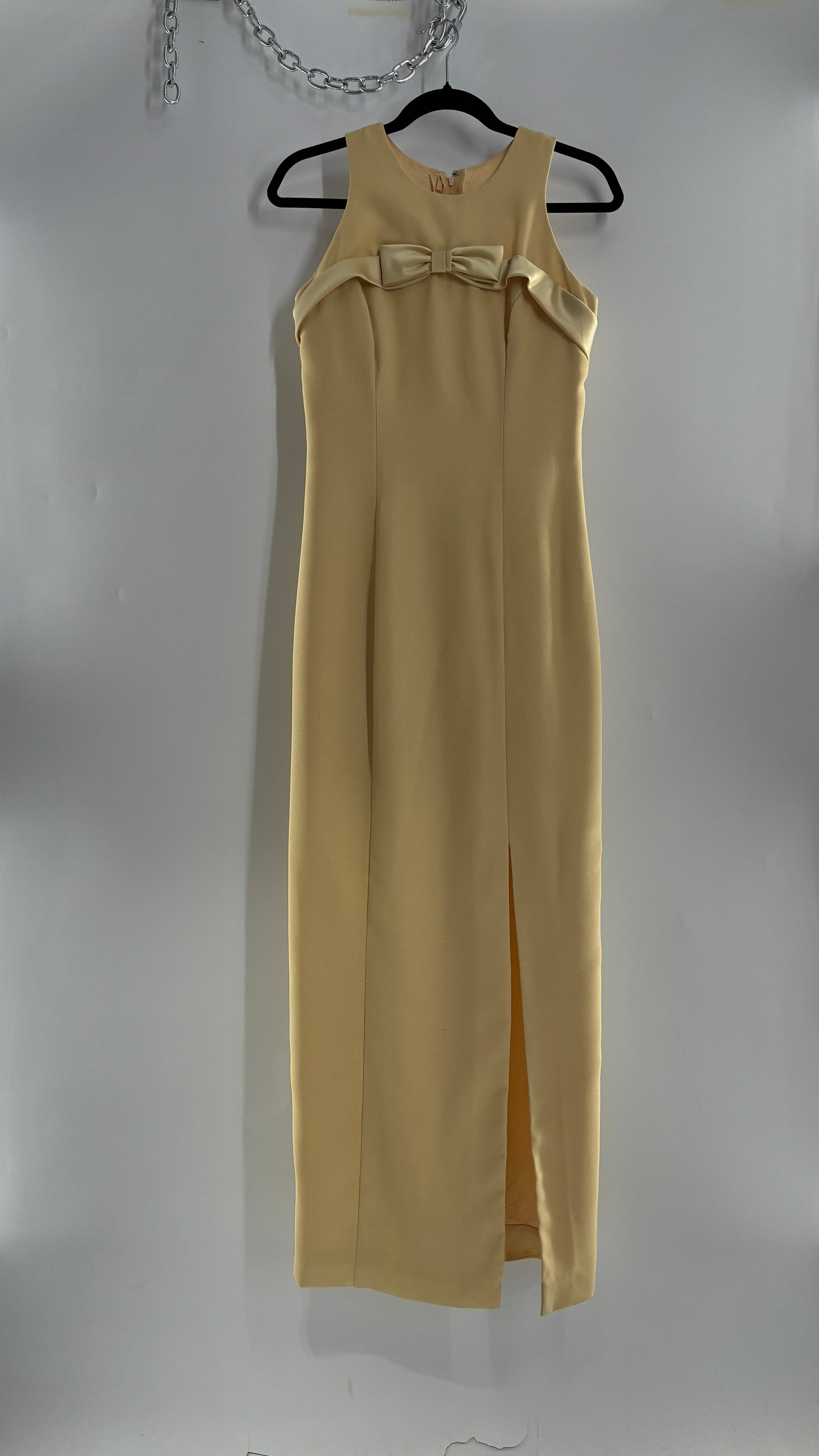 Vintage ALYCE’S Baby Yellow High Neck Satin Bow Bust, Side Slit, Button Back Gown (Measured)