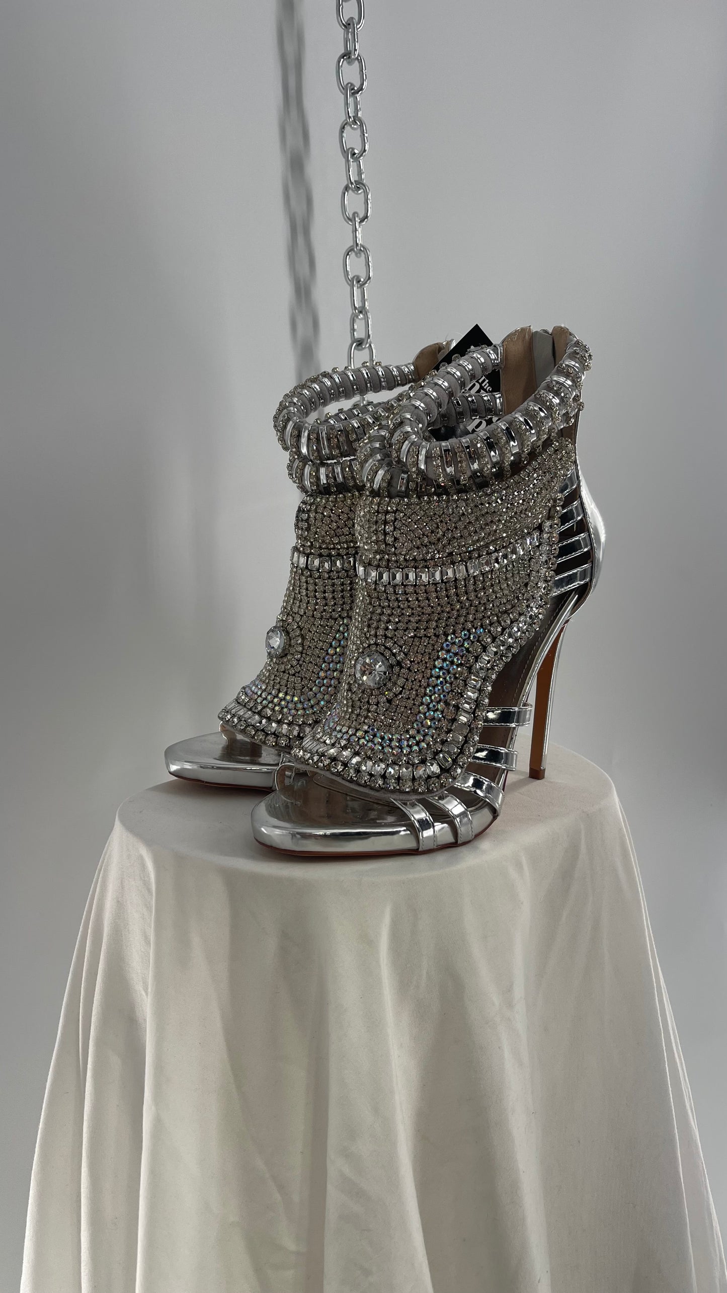 AZALEA WANG Platinum Silver Pusher Crystal Rhinestone Embellished Heel with Ankle Straps (10)