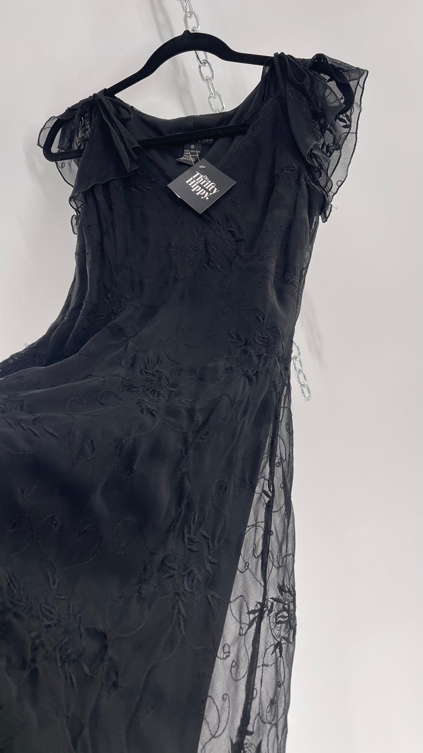 Vintage Jonathan Martin 100% Silk Black Embroidered MIDI Dress with Tie Shoulder Detail (10)