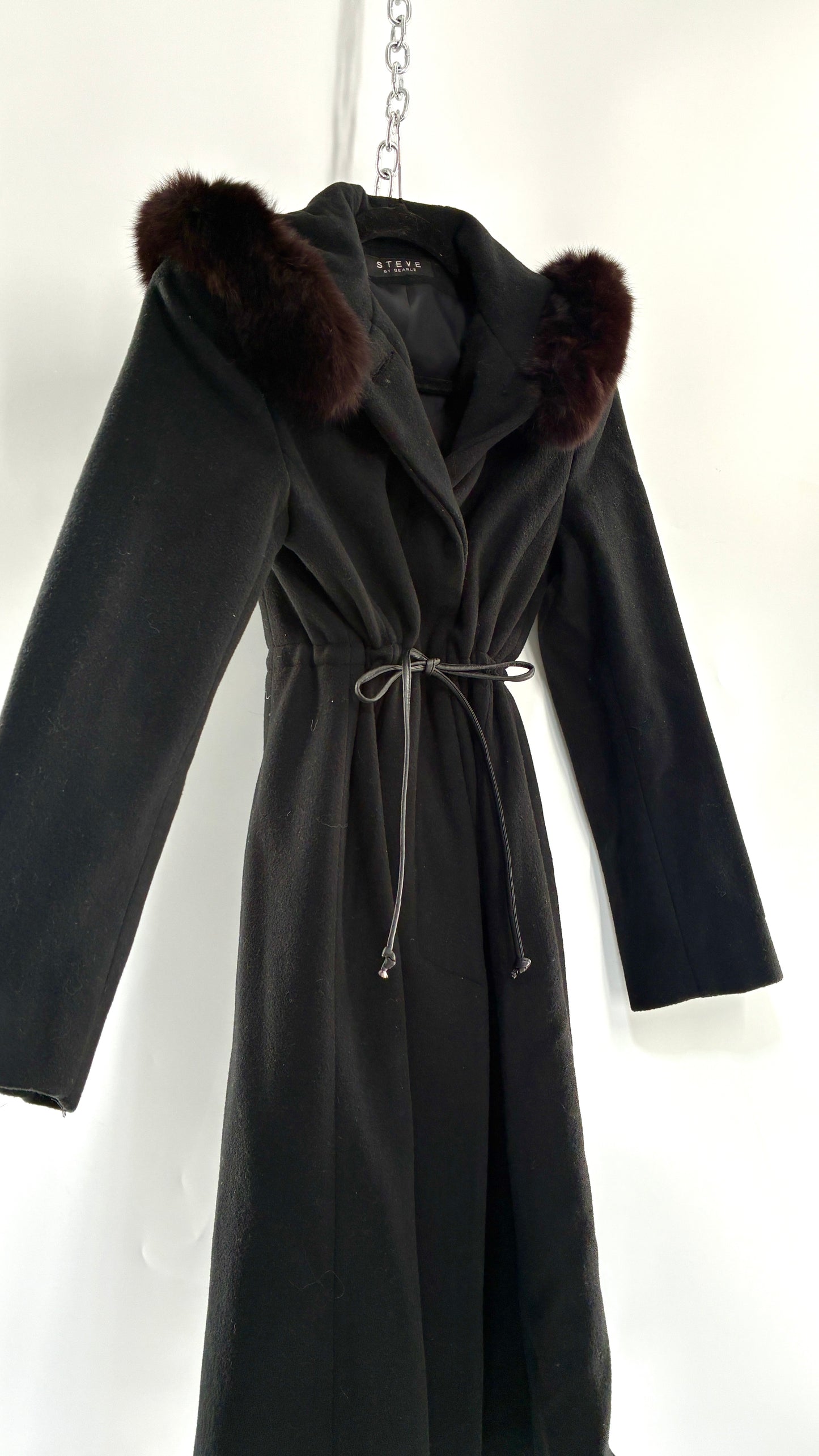 Vintage STEVE by SEARLE Cashmere Blend Coat with Underbust Tie and Fur Hood