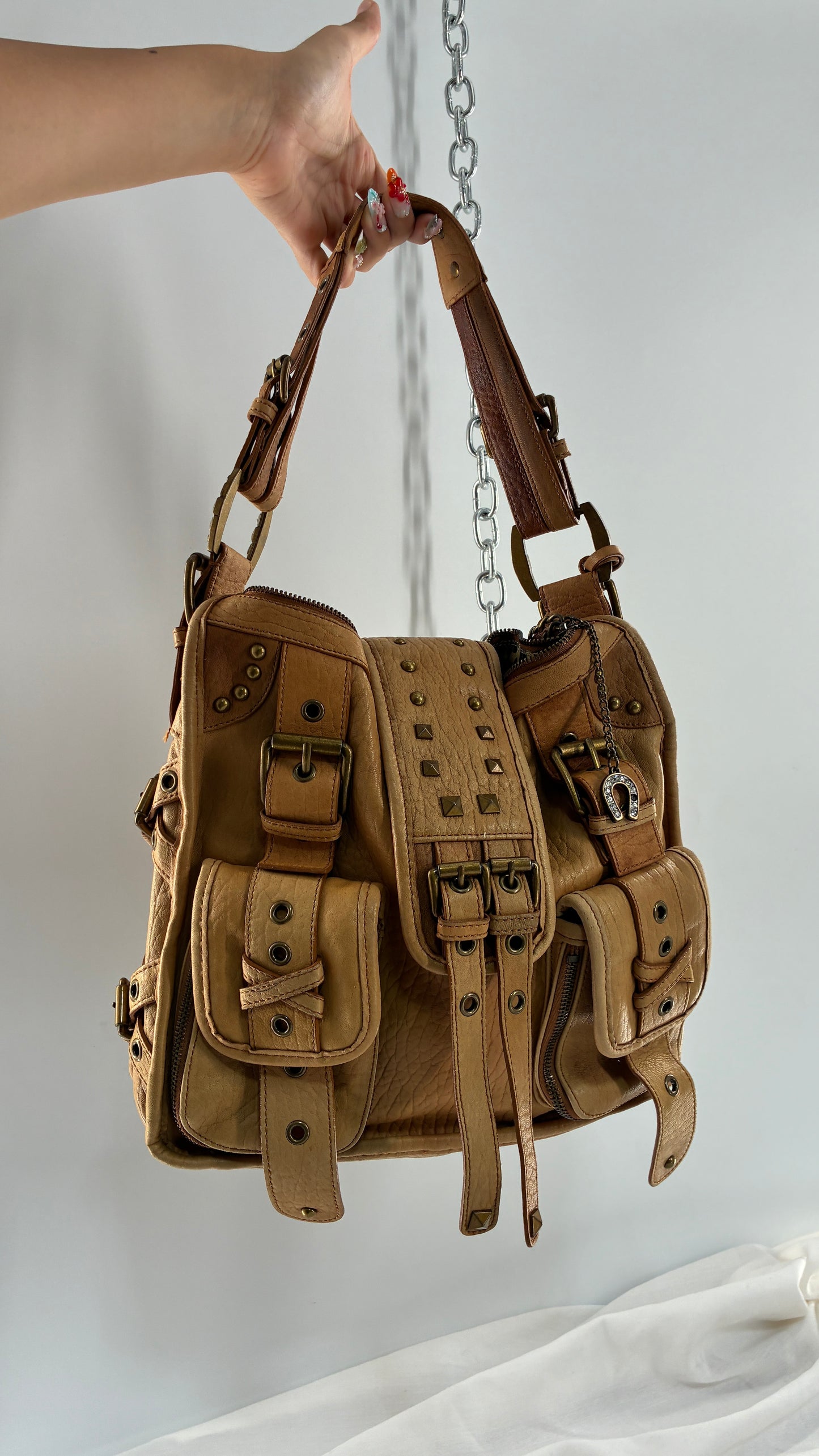 Rare Vintage BETSEY JOHNSON Heavy Leather, Oversized Shoulder Bag with Leopard Lining