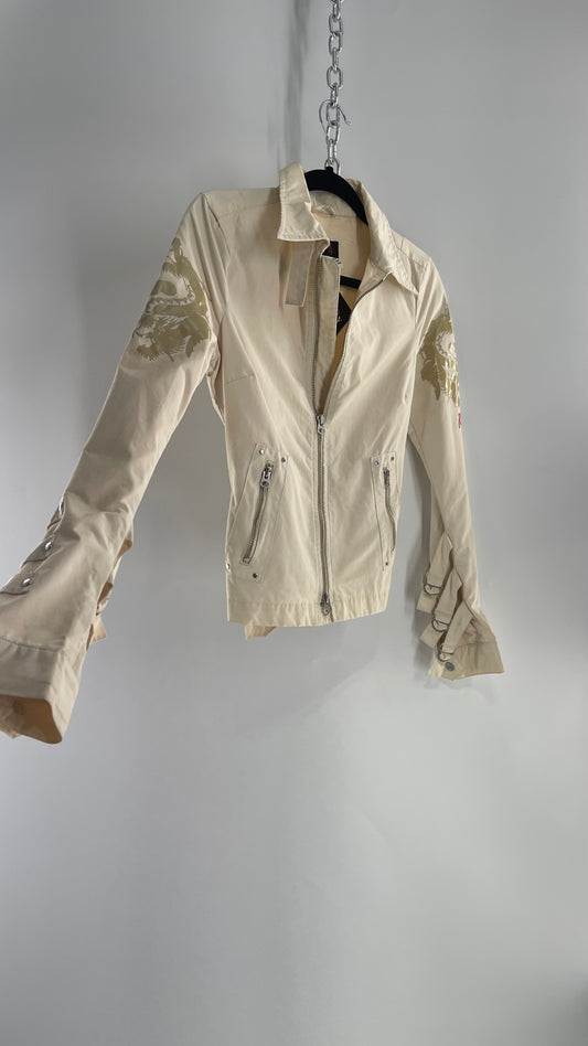 Vintage REPLAY Beige 1990s Italian Moto Jacket with Embossed Buttons, Buckle Cuffs, Dragon Graphic and Neck Strap (XS)