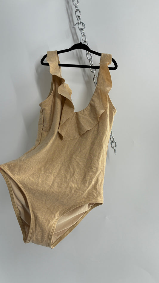 HOP LUN Gold Glitter Ruffle Neckline Bathing Suit (Small)