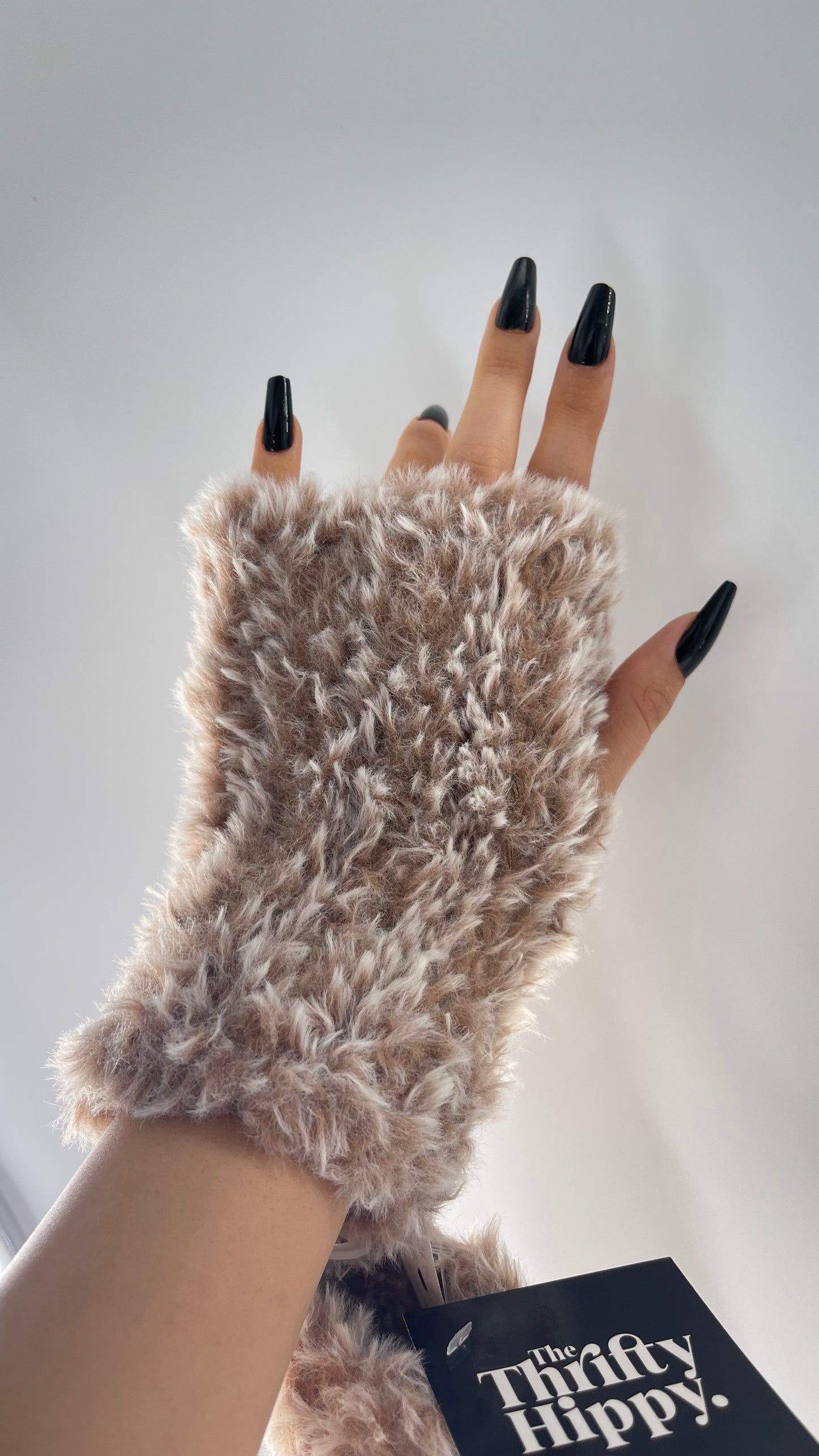 Urban Outfitters Tan White Faux Fur Fuzzy Hand Warmers Fingerless Gloves