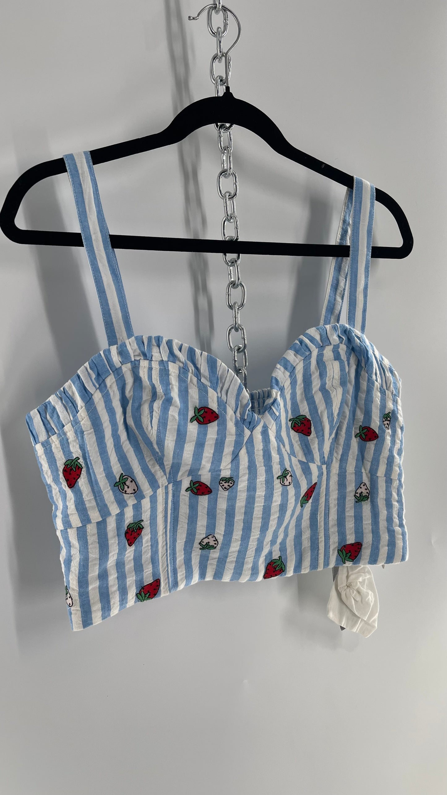 Maeve Anthropologie Baby Blue White Striped Corset Like Crop with Embroidered Strawberries with Tags Attached (12)