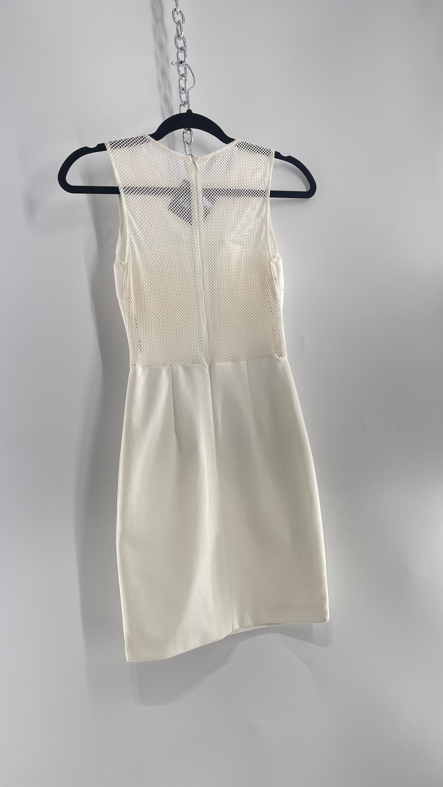 Rare London White Mesh Bodycon Mini Dress with Sheer Back and Padded Bust (XS)