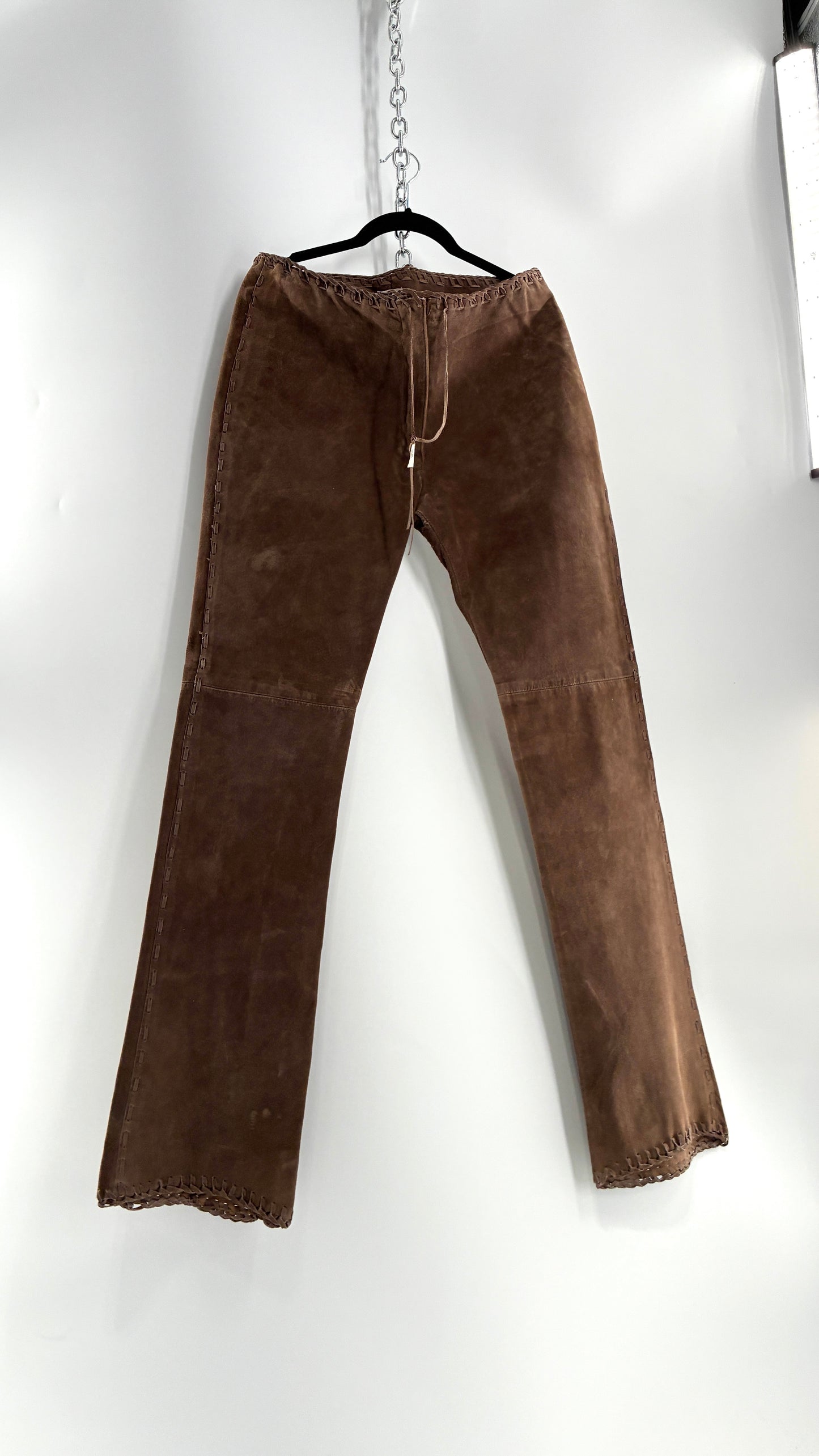 Vintage SWEET ROMEO Suede Leather Stitch Side, Braided Hem Pants (10)