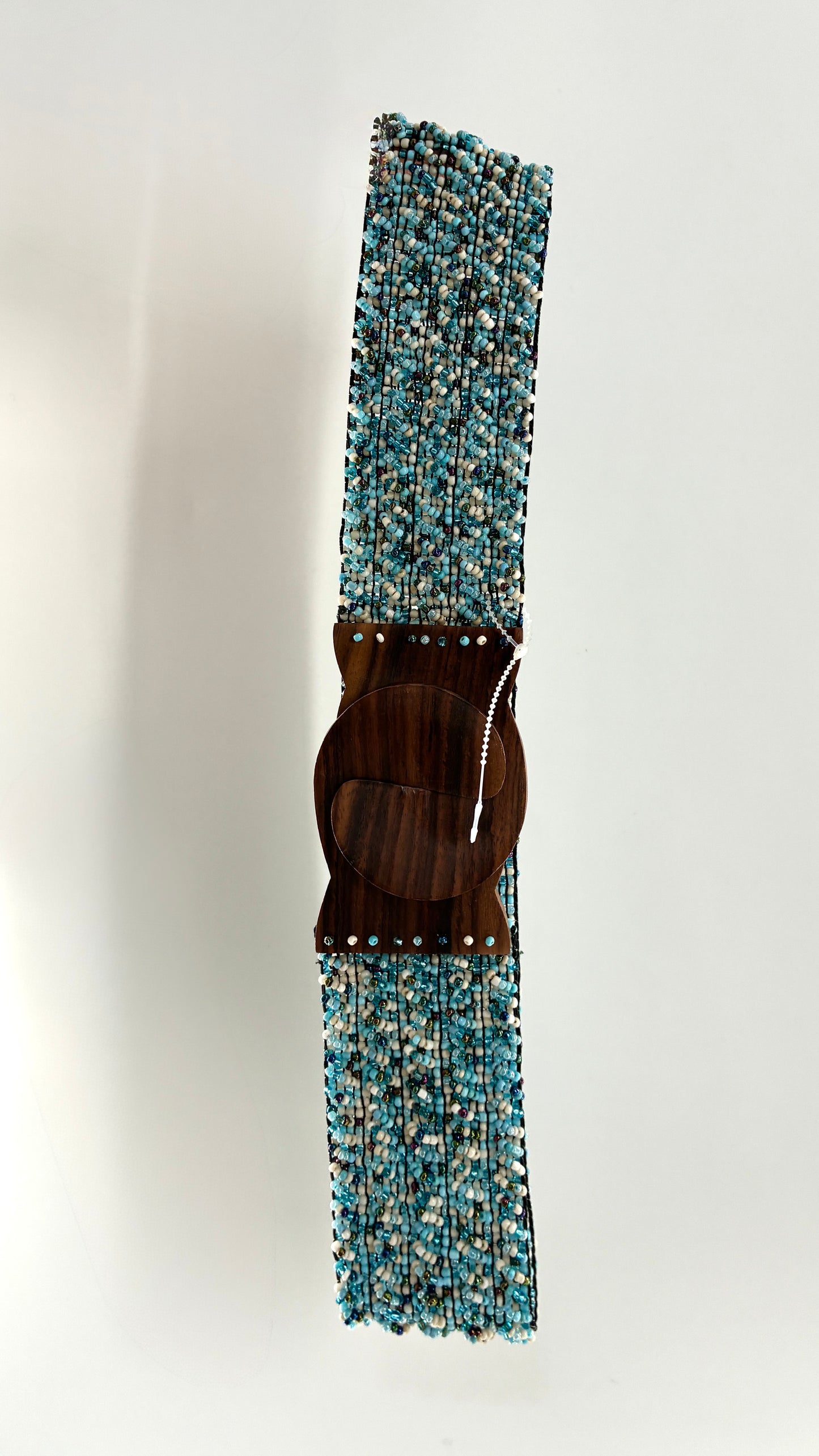 Vintage Wide Blue Beaded Hip Belt with Chunky Wooden Buckle