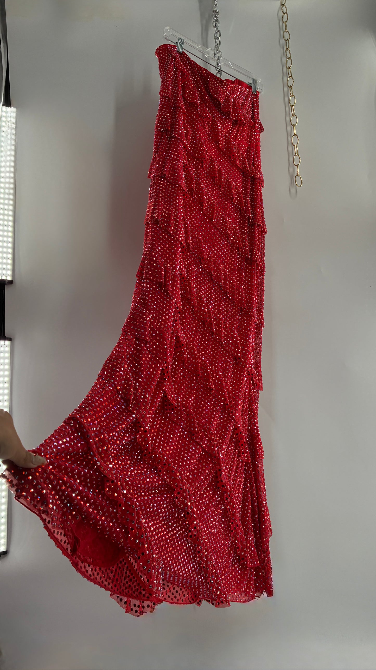 OH POLLY Red Ruffle, Heavy Gown Covered in Iridescent Rhinestones NWOT (14)