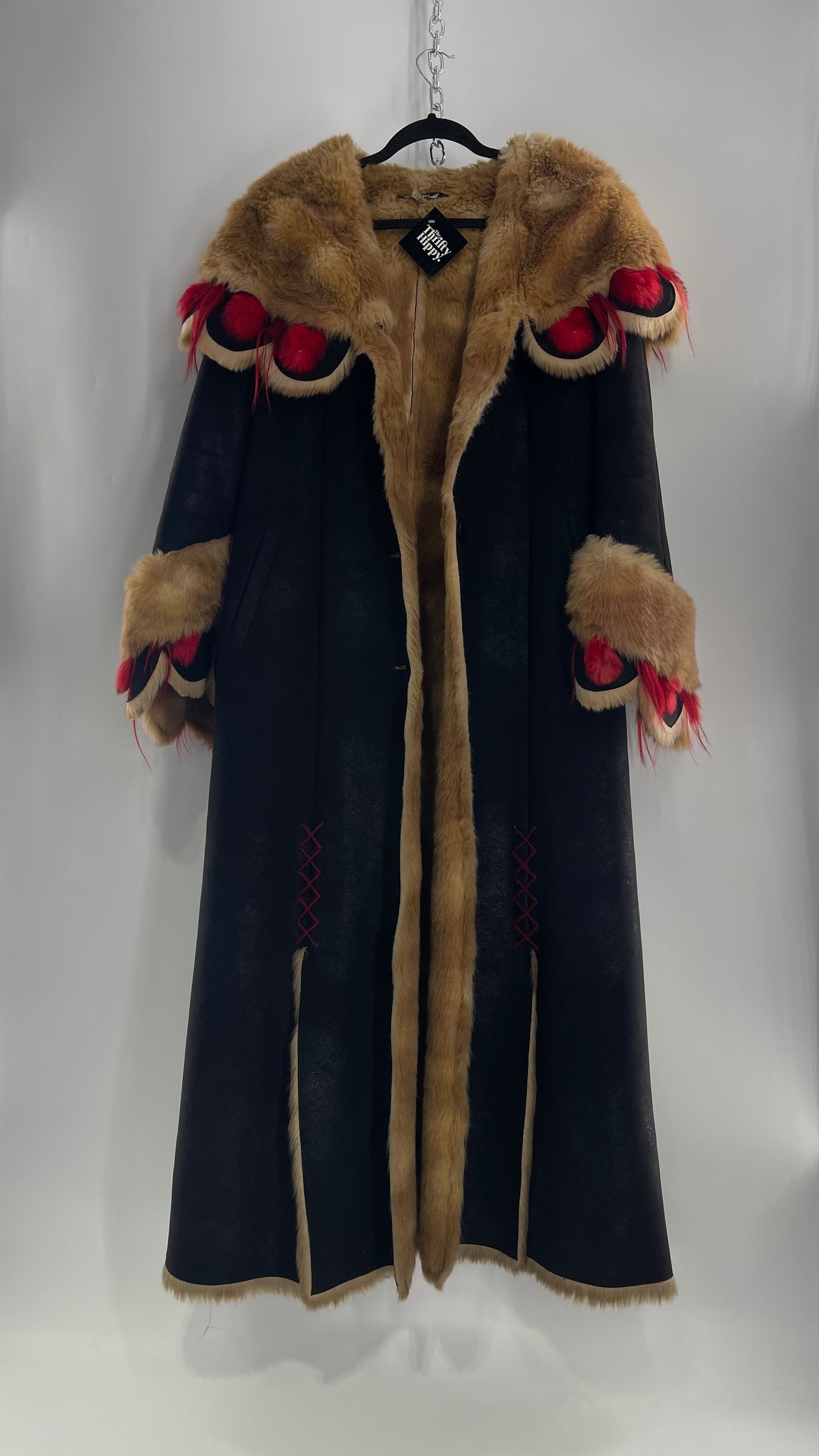 Vintage Russian Black Coat with Brown Fur Piping/Lining, Red Feathers, Scalloped Sleeve, and Hood (Medium)