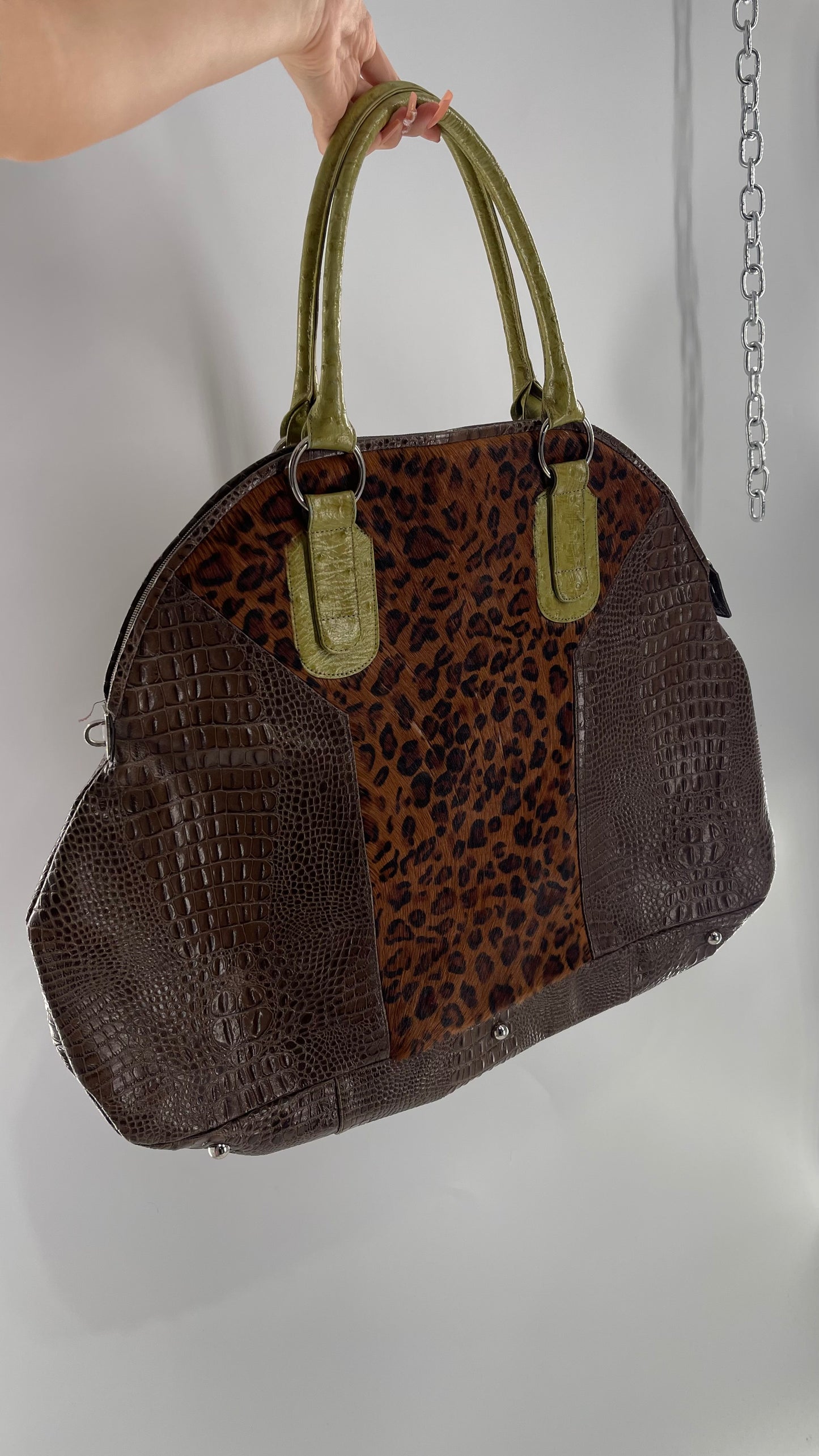 CLÉO & PATEK PARIS Leather Crocodile Texture Sides, Ostrich Texture Straps and Cheetah Fur Texture Center with Velvet Lining