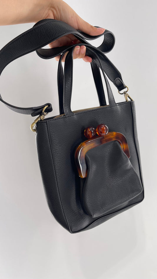 Anthropologie Black Vegan Leather Purse with Detachable Coin Purse and Strap