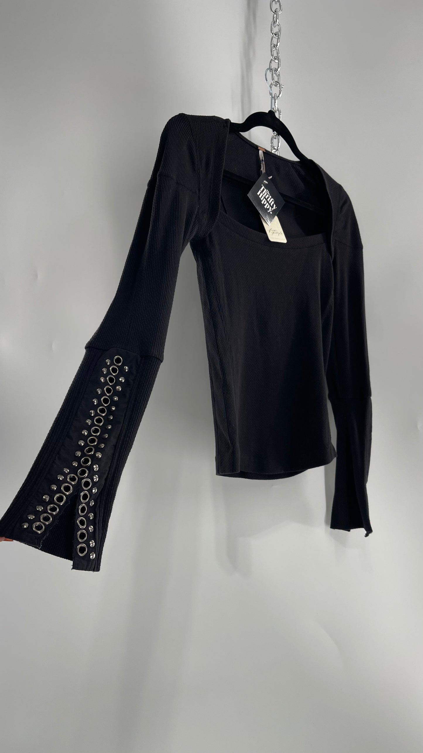Free People Black Henley with Grommet and Studding Sleeve Cuff Tags Attached (XS)