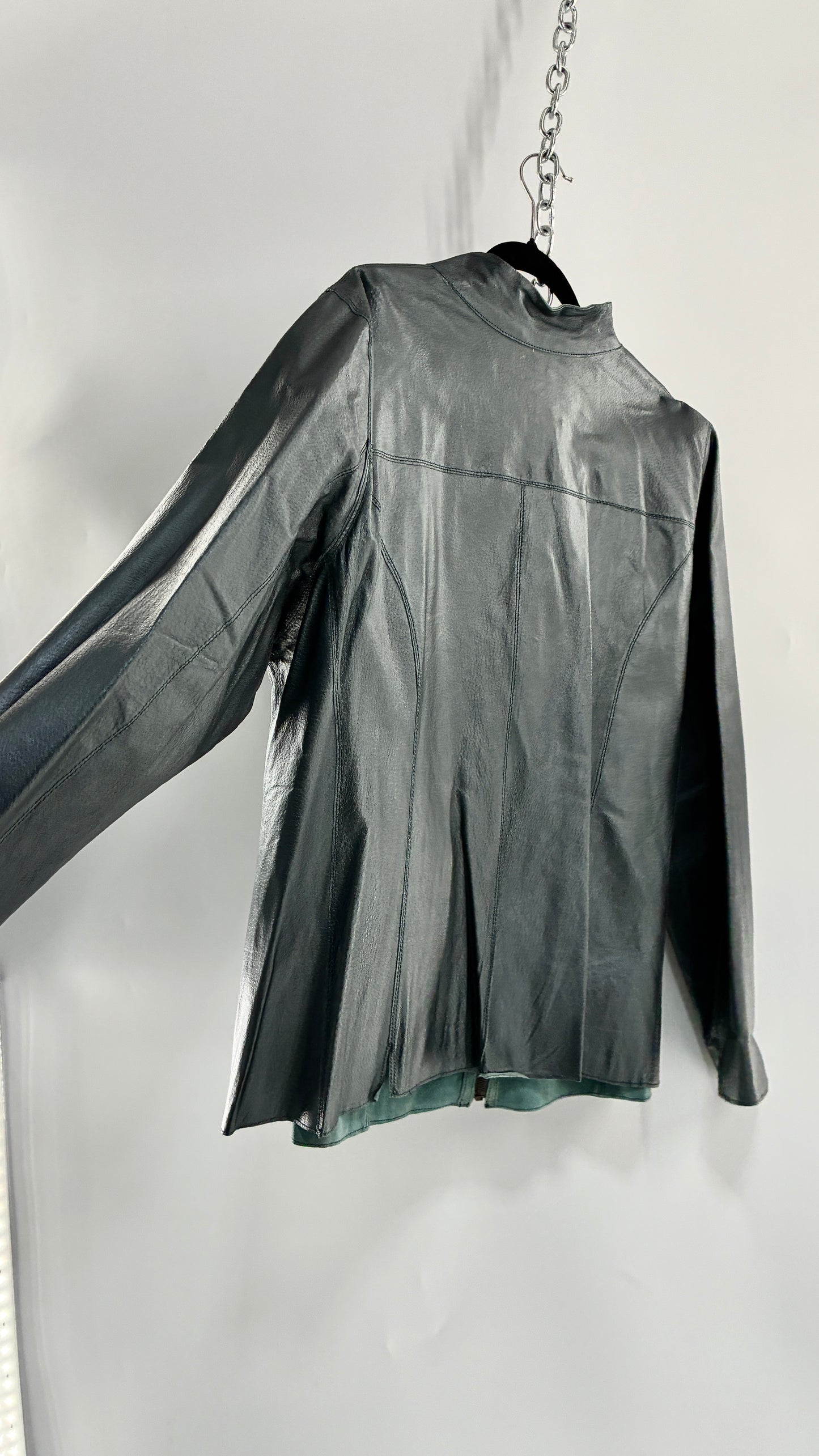 Vintage 1990s Metallic Blue Genuine Leather and Suede Reversible Thin, Zip Up Moto Jacket (XXL)