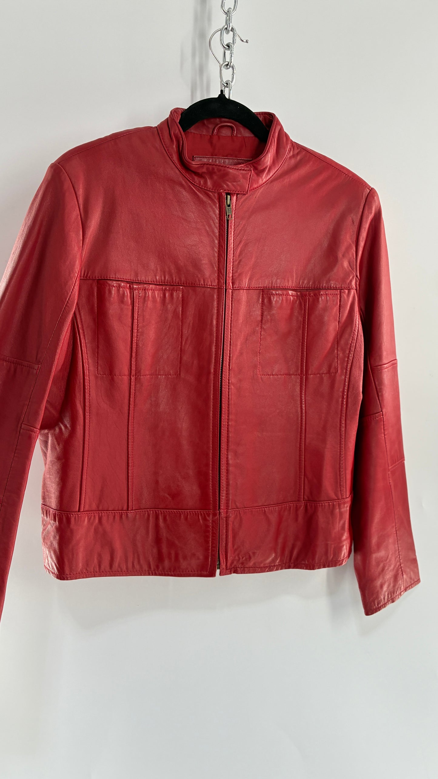 KATHY IRELAND Lamb Leather Red Motorcycle Neck Strap Jacket (Medium)