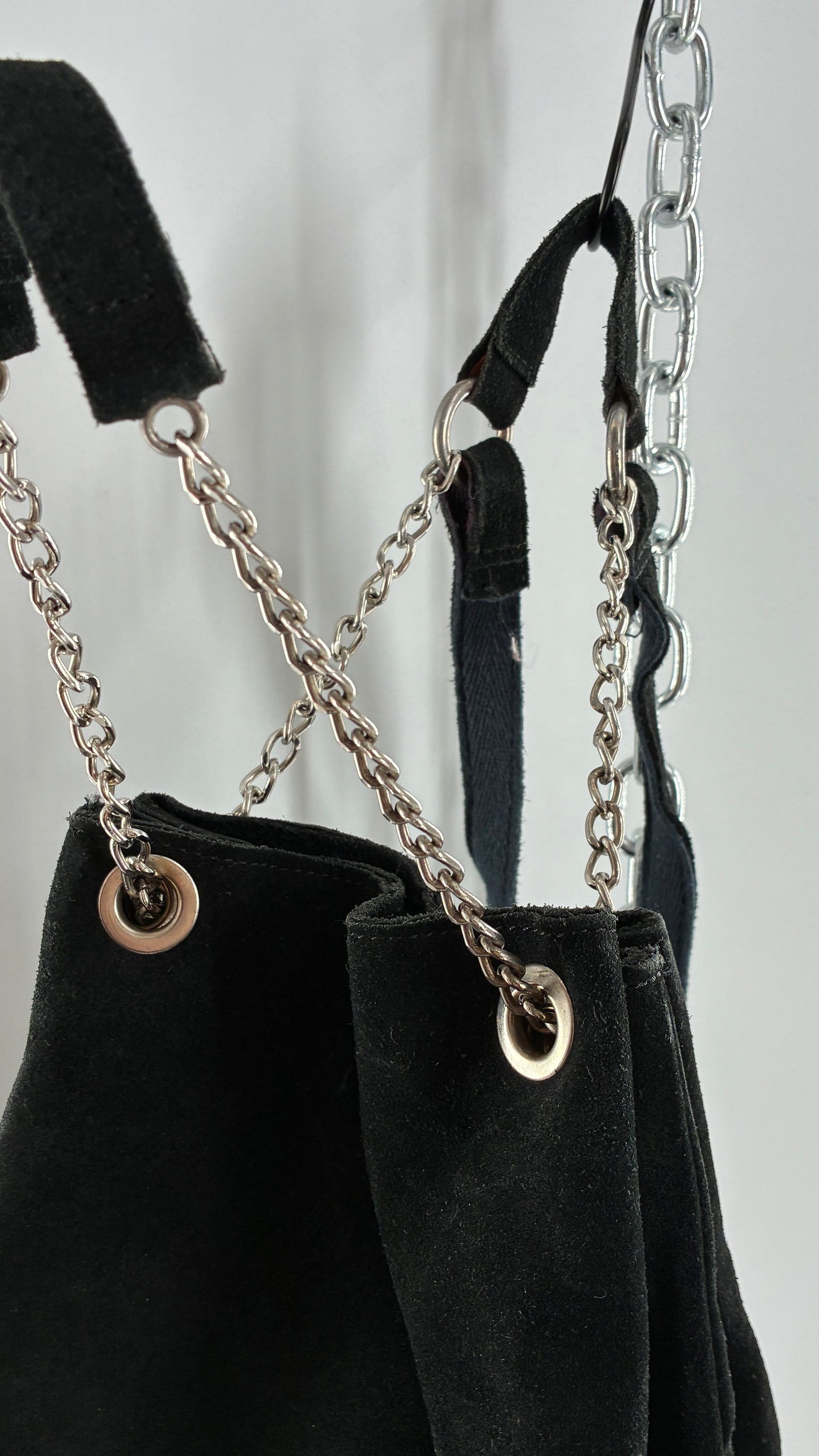 Black Genuine Suede Convertible Chain Link Backpack