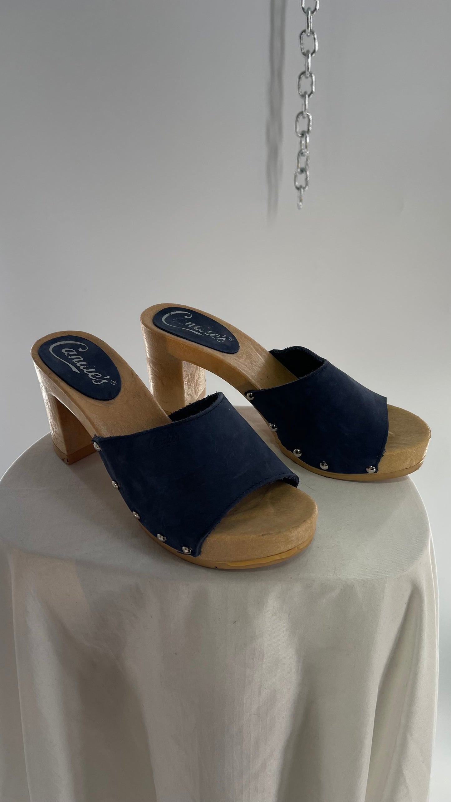 Vintage Candies 1980s Navy Blue HOT Side Studded High Heel Slides (8)