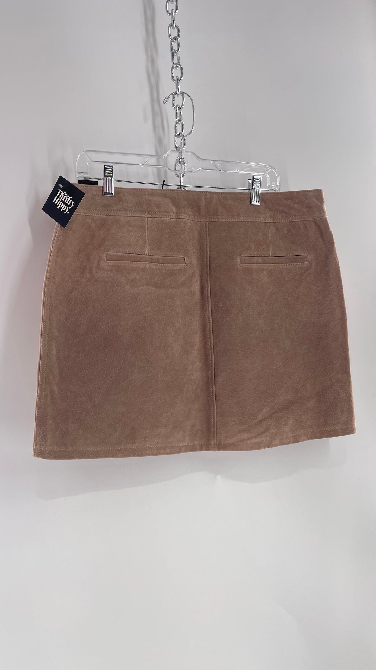 Blank NYC Taupe Tan Suede Leather Mini Skirt with Side Belt, Pocket, and Zipper Details (32)