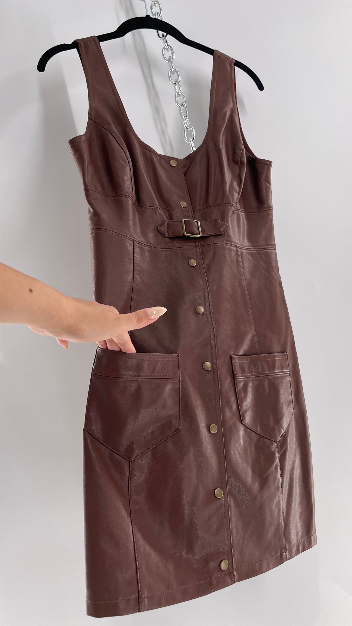 Free People Brown Vegan Leather Button Front Pocketed Dress (2)