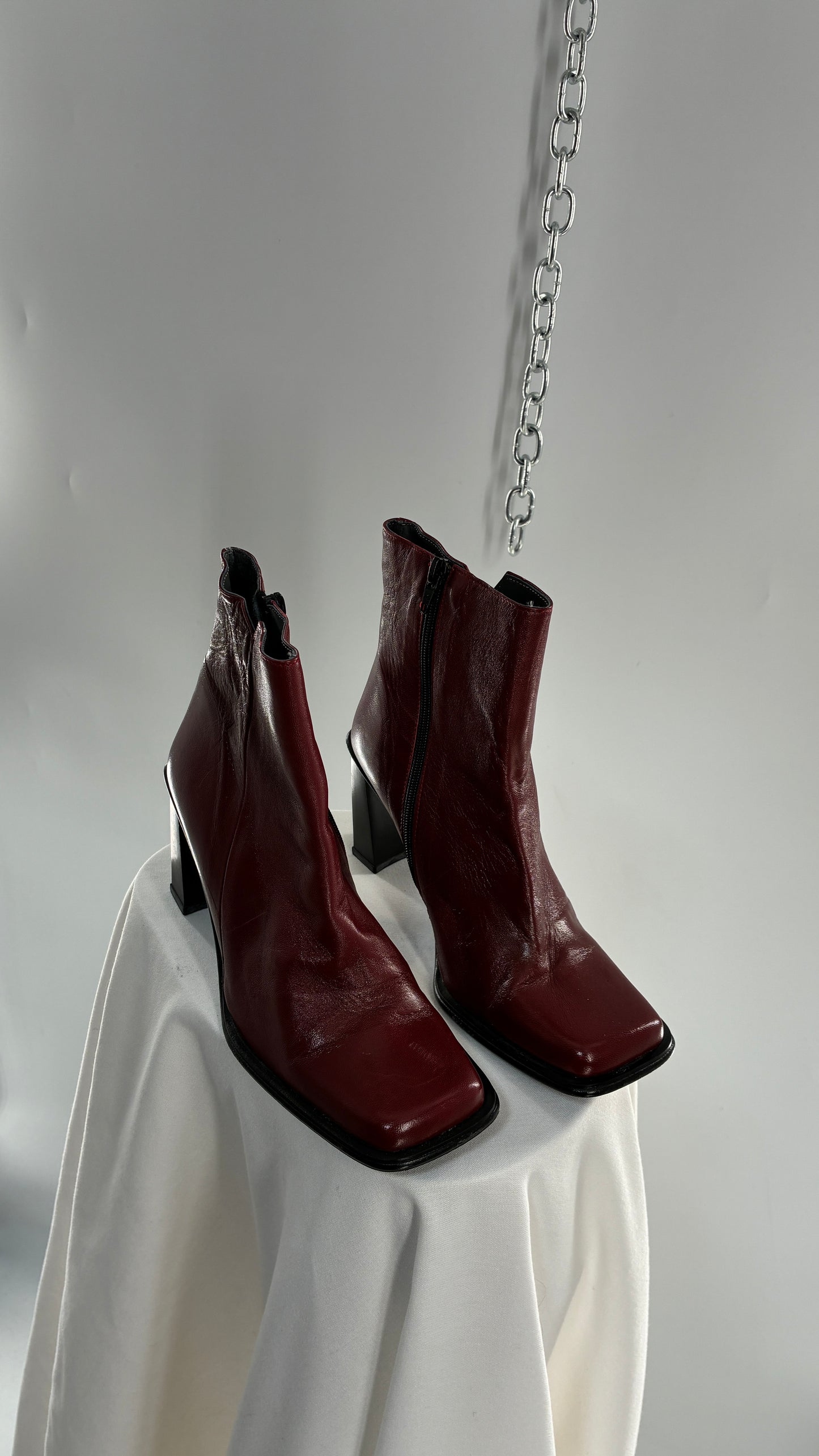 Vintage APARATUS BOOTS Red Genuine Leather Square Toe, Square Heel Boots with Purple Sole (38)