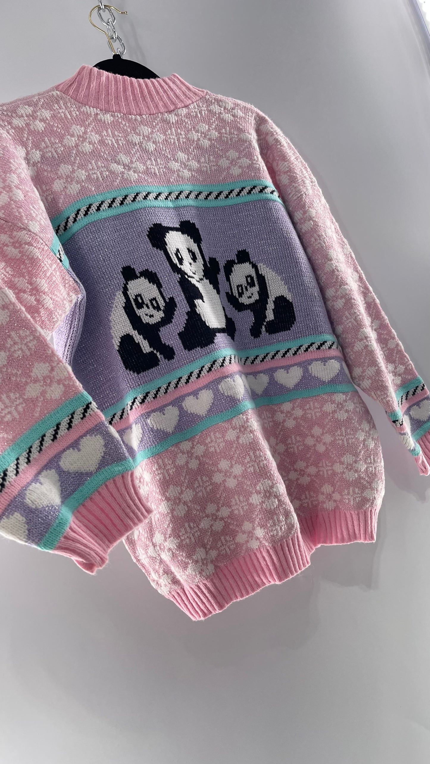 RARE 80s Vintage Adele Pastel Pink, Purple, Mint Silver Tinsel Sweater with Anime/Manga Art Style Pandas (Medium)