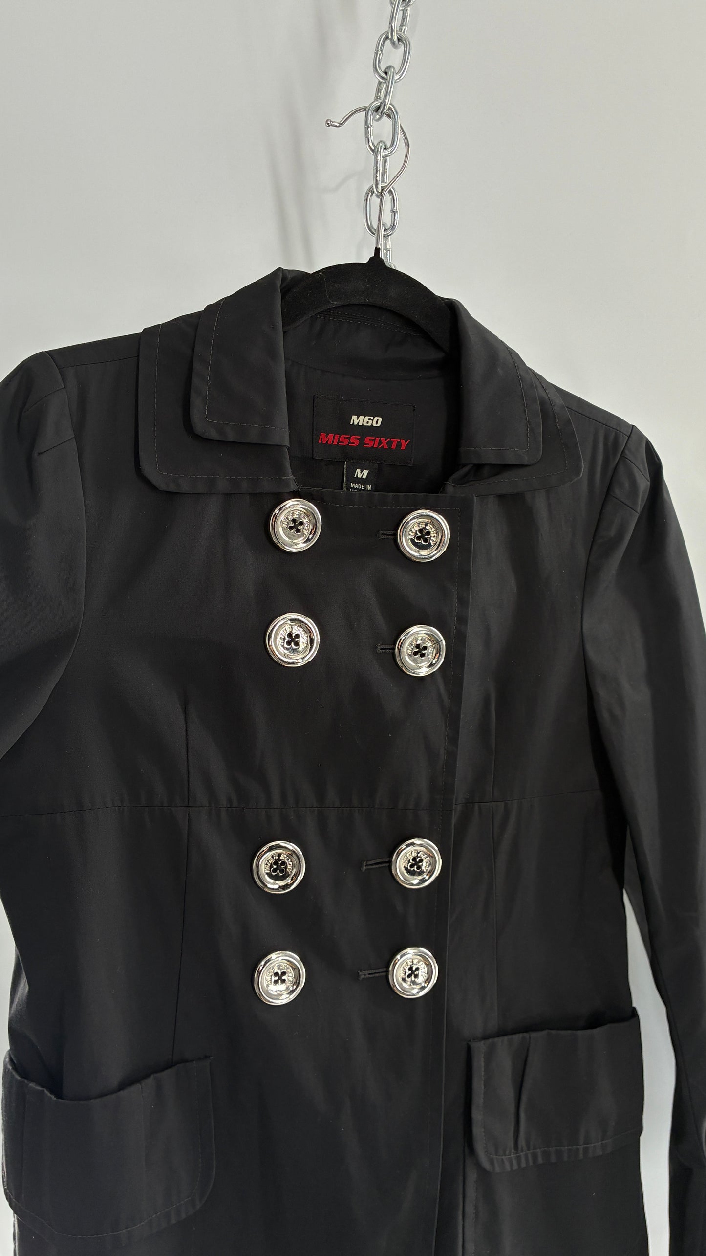 Vintage MISS SIXTY Black Jacket with Oversized Silver Buttons (Medium)