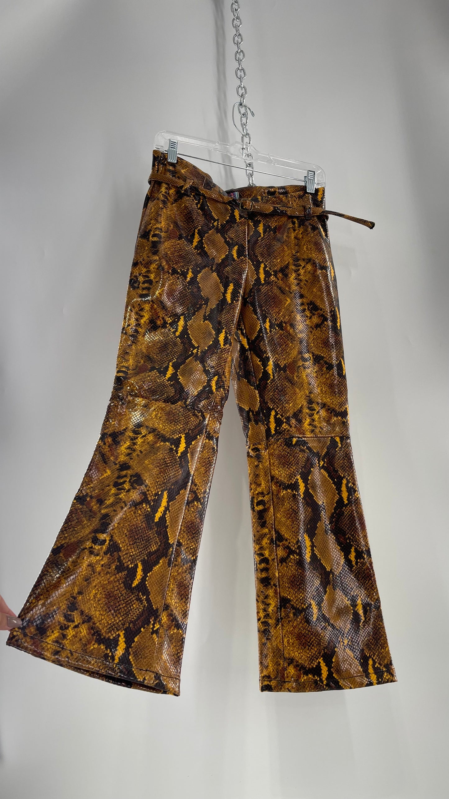 Urban Outfitters Leah Yellow Snake/Python Pattern Faux Leather Low Rise Belted Kick Flare Trouser (4)