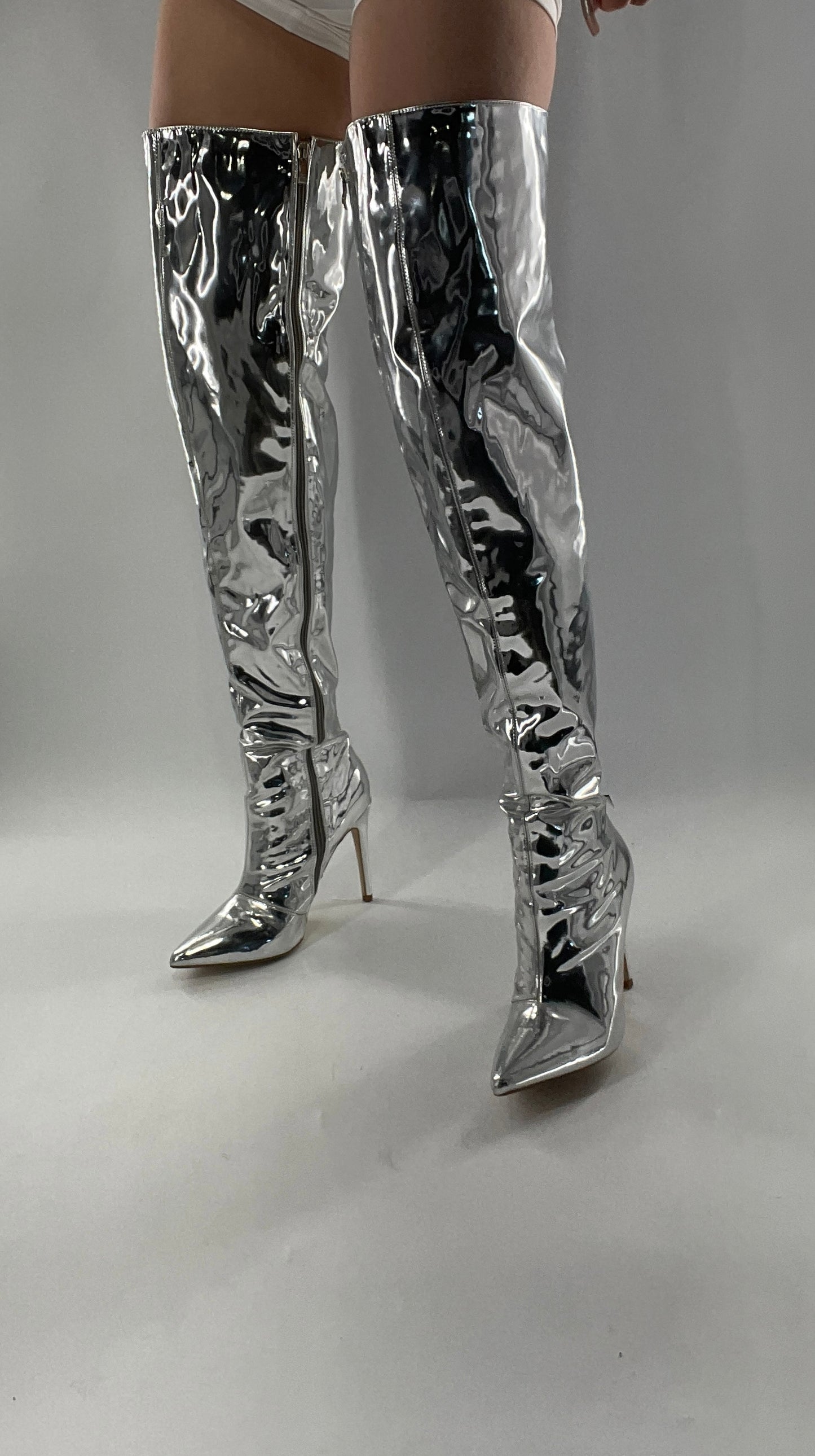 Vintage Chrome Platinum Mirrored Thigh High Molten Metal Sky High Boots Space Cadet/Concert (7)