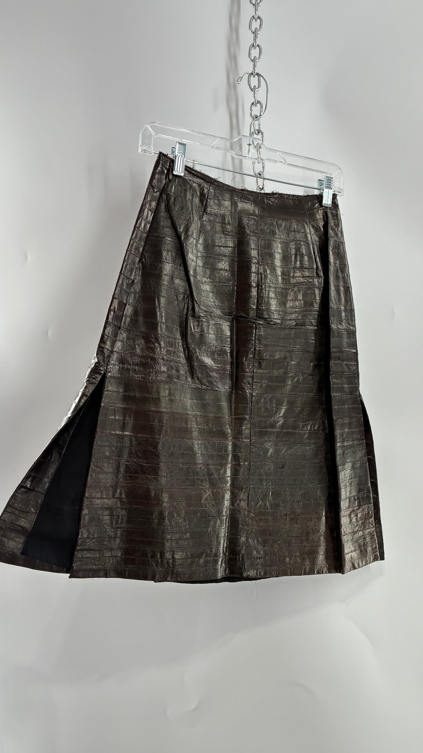 Vintage Handmade Pleated Dark Brown Genuine Leather Patchwork Skirt (XS)