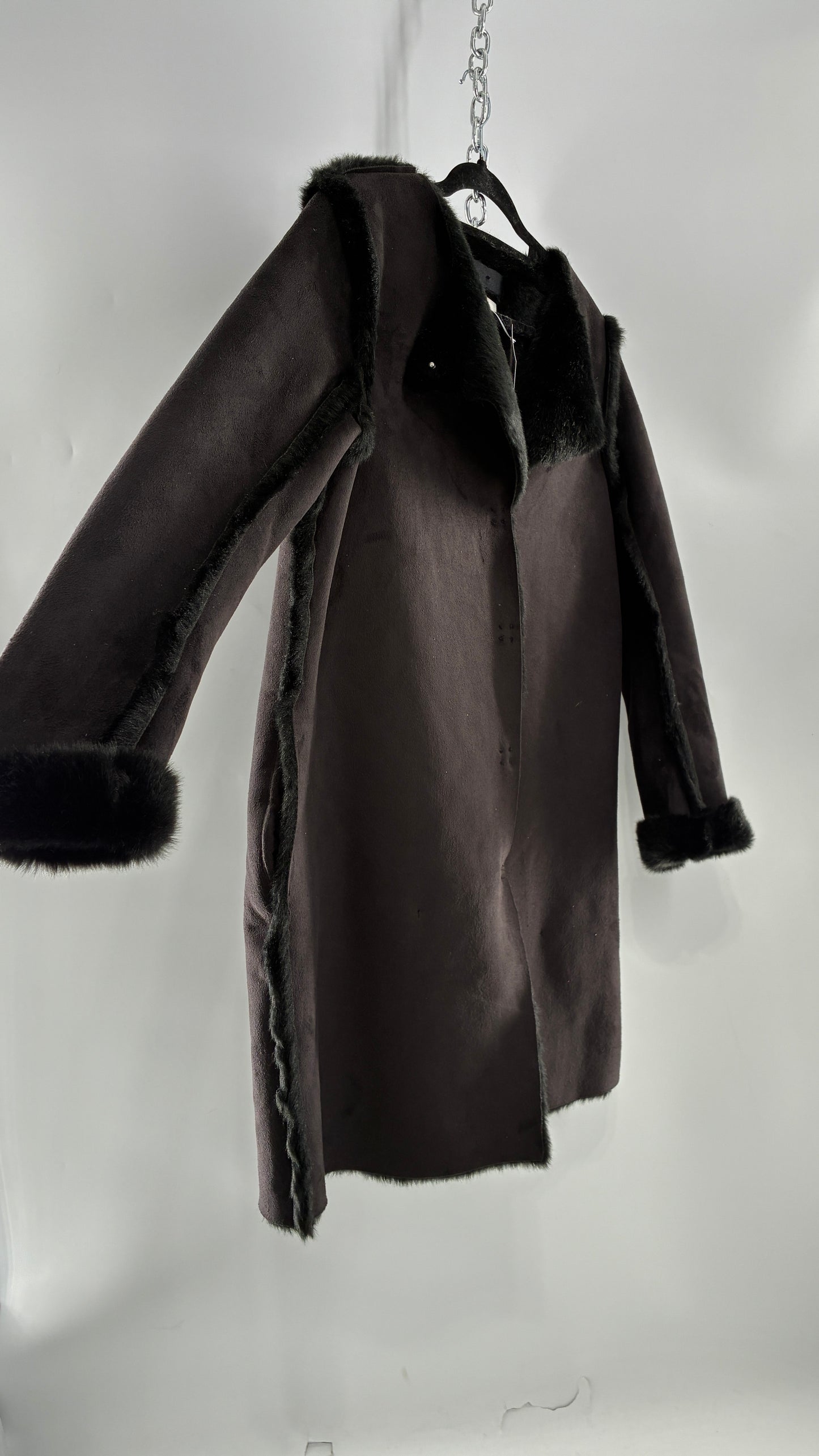 Vintage H&M Black Faux Suede Coat with Faux Fur Piping (12)