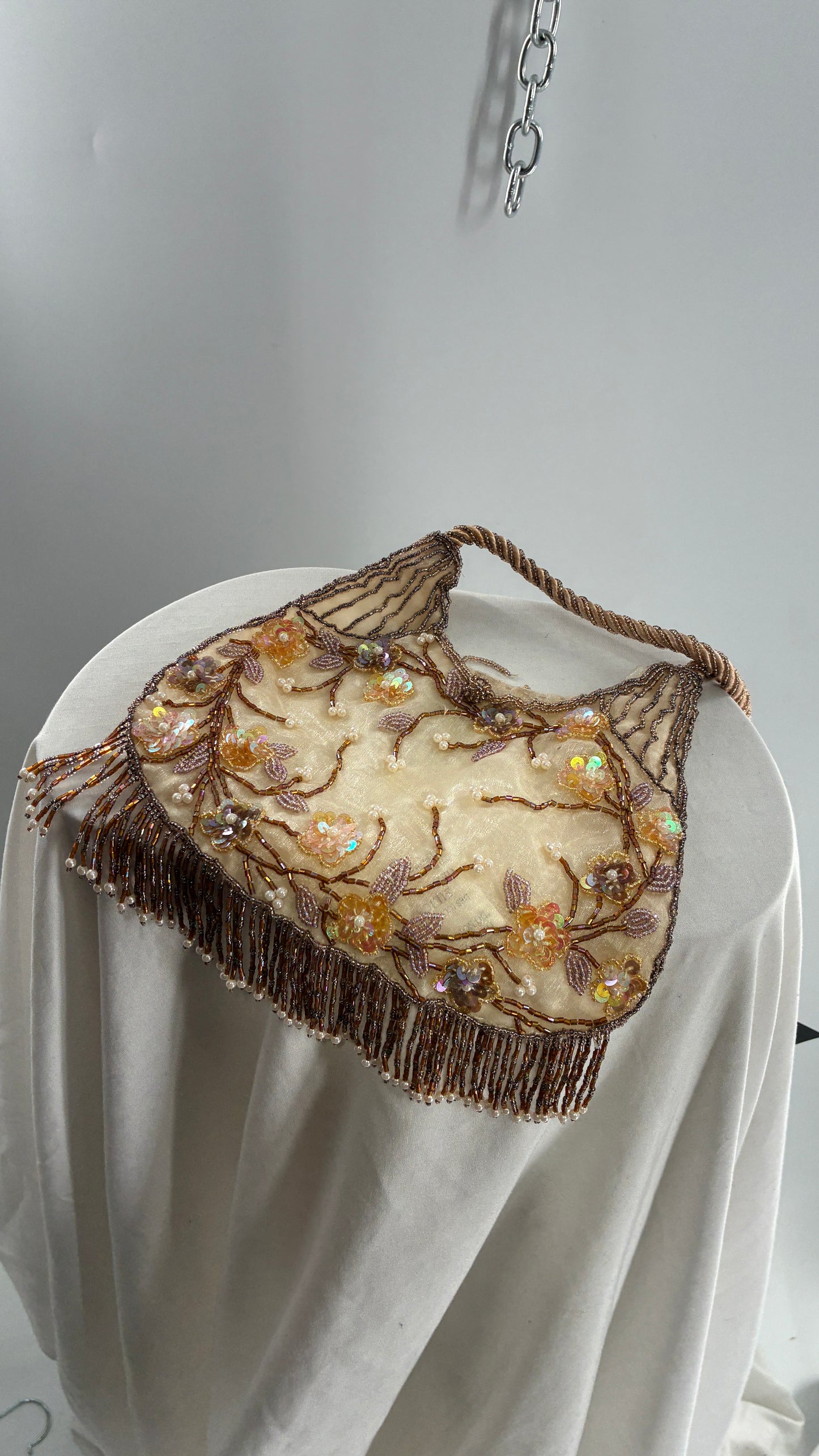 Vintage Deadstock Beige Beaded Fringe Purse with Embroidered Beaded Florals