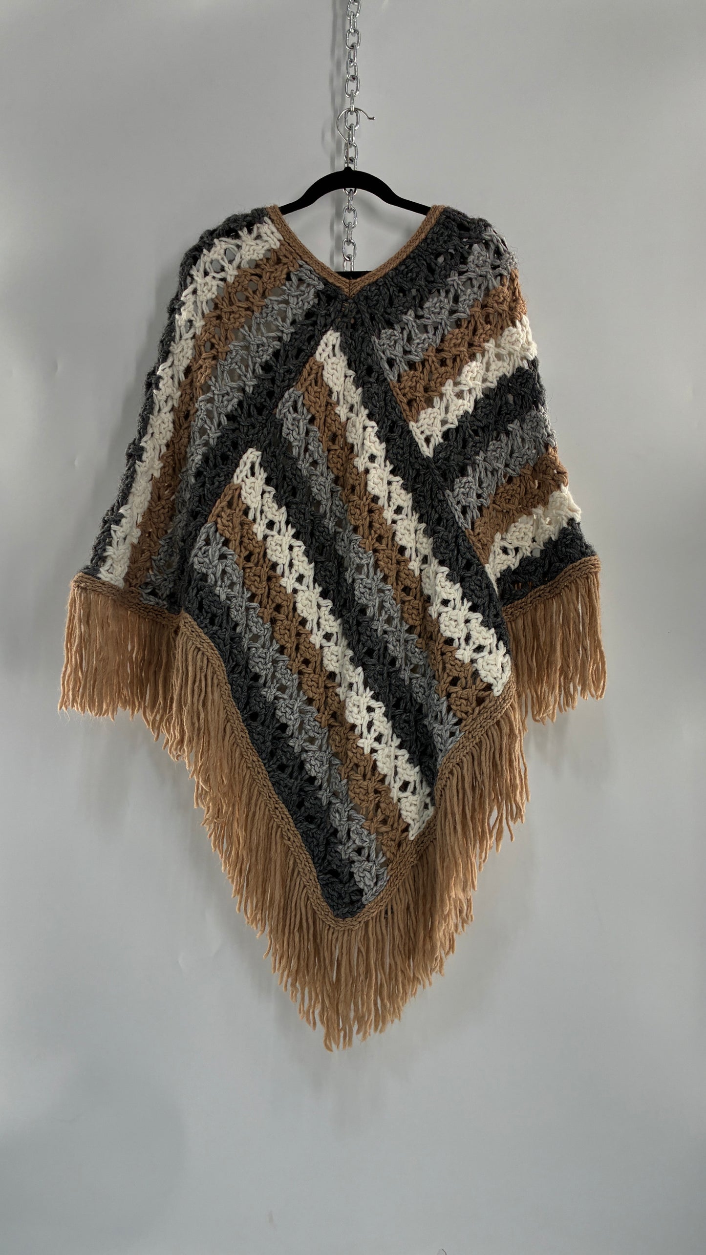 MASSIMO DUTTI Neutral Fringe-lined, Knit Poncho with Tags Attached (Small)