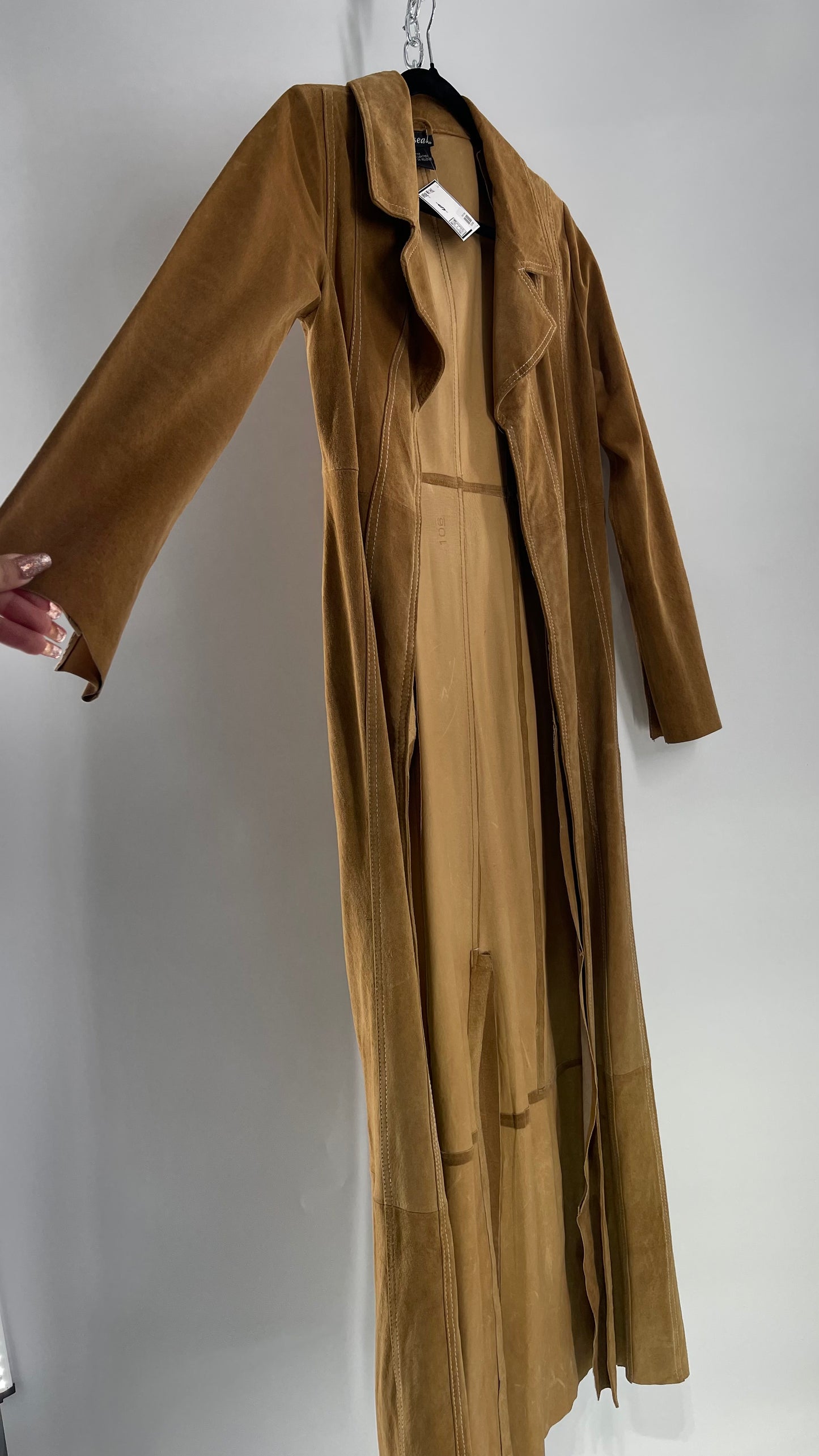 Vintage Wet Seal Full Length Paneled Tan Leather Sweeping Coat (Small)