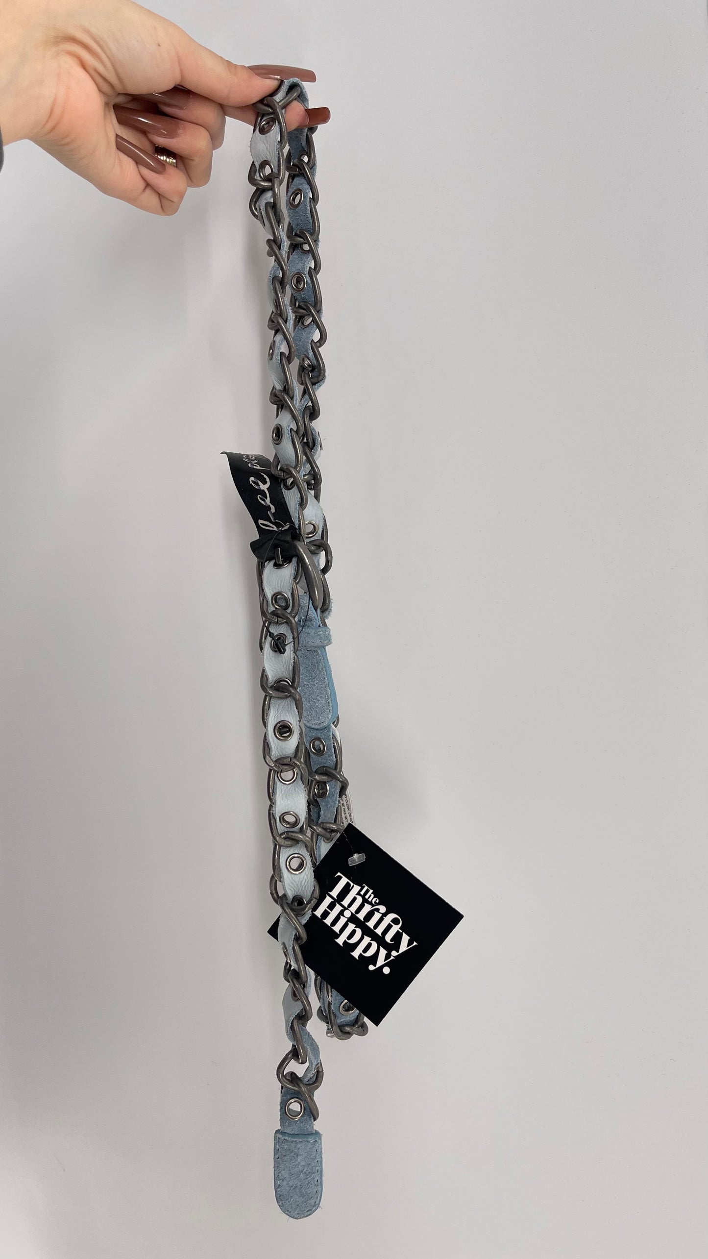 Free People Blue Suede Leather Braided Belt with Metal Chain Hardware (S/M)